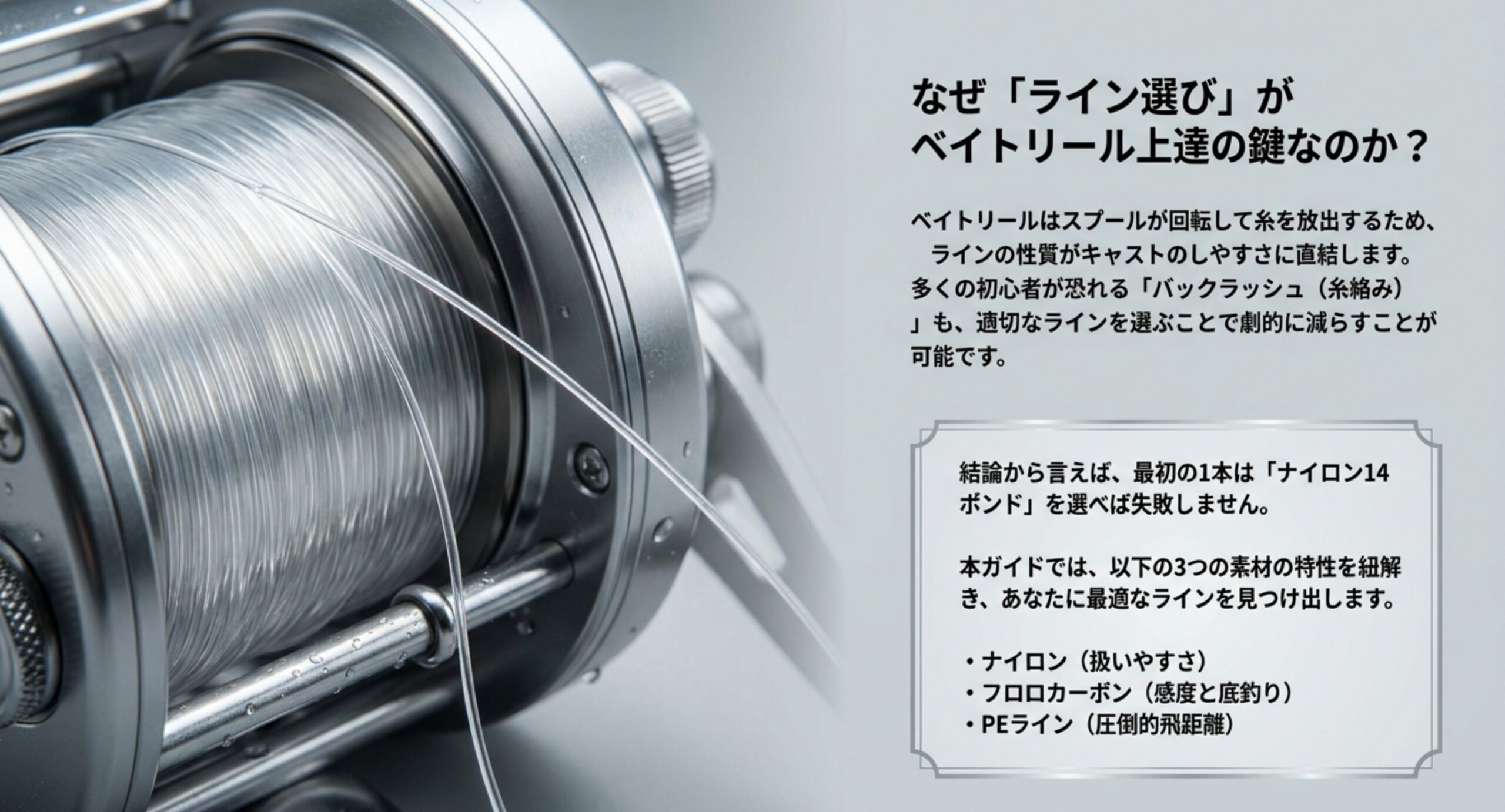 スプールが回転して糸を放出するベイトリールの構造上、ラインの性質がキャストのしやすさとバックラッシュの起きにくさに直結することを、糸を巻いたスプールの写真とともに説明した図
