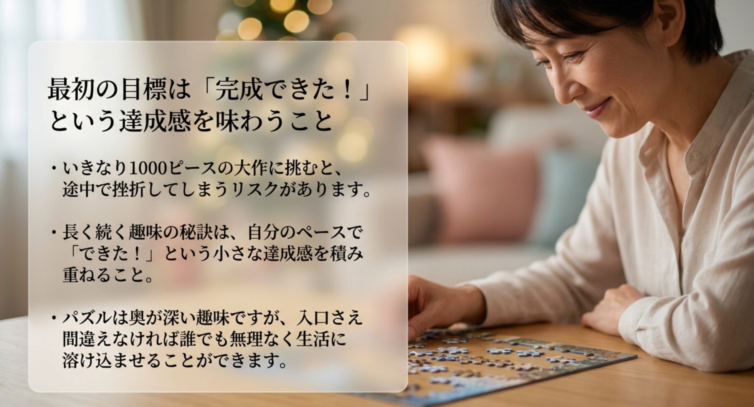 大人のパズルは小さな達成感から始める いきなり1000ピースに挑まず、自分のペースで完成できたという達成感を積み重ねることが長く続くコツだと示した図