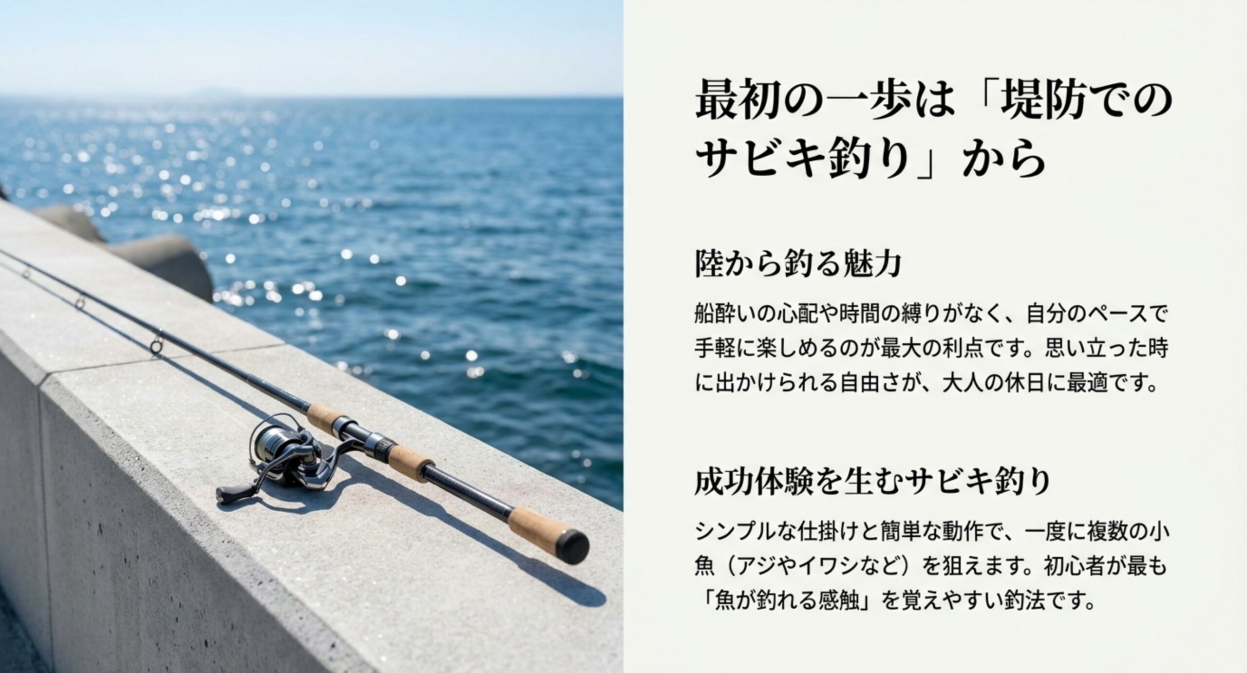 堤防に置かれた竿とリール。船酔いの心配がなく自分のペースで通える陸からの釣りと、小魚を狙えるサビキ釣りの利点