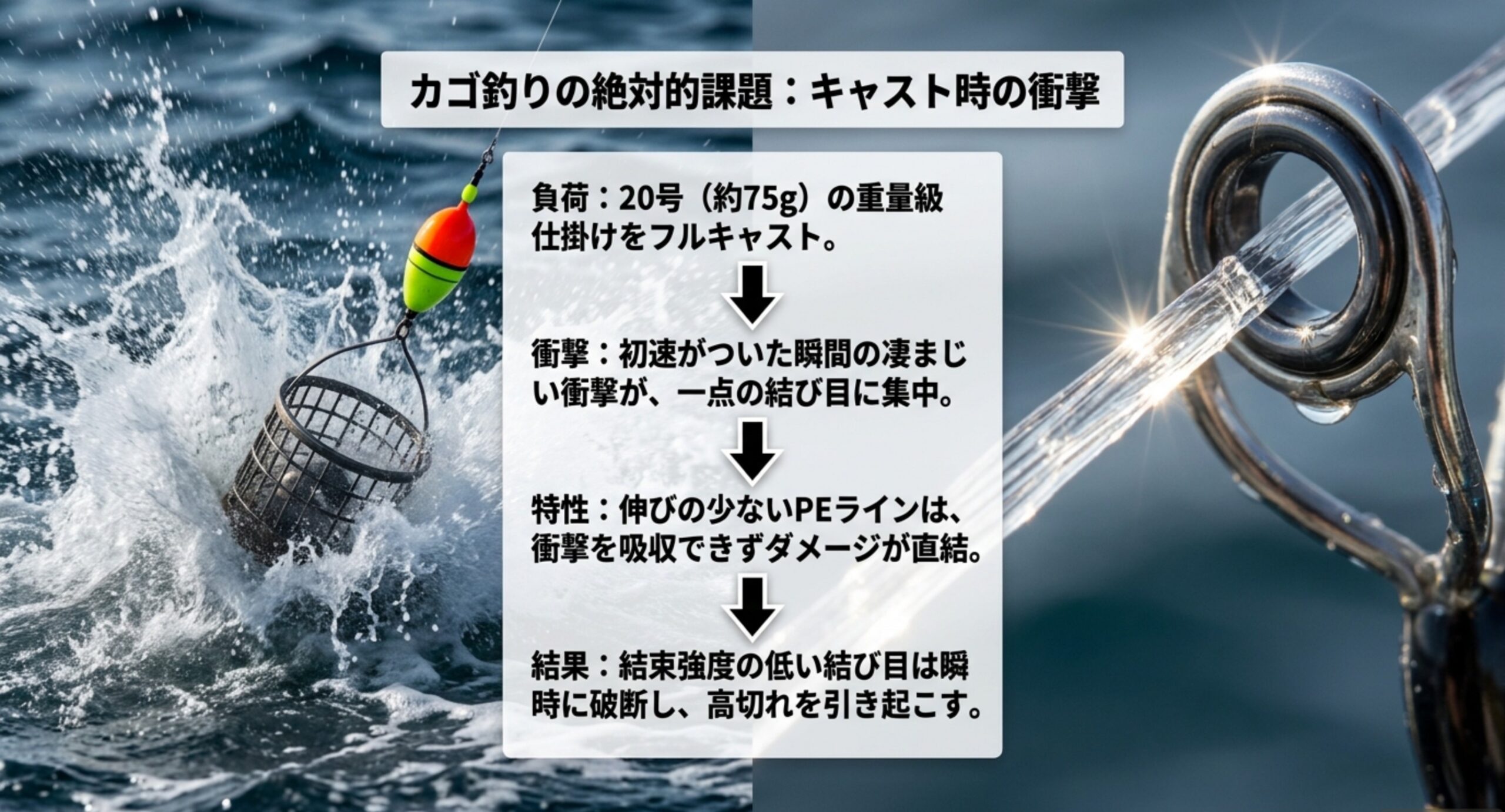 20号約75gのカゴをフルキャストしたときの負荷が結び目の一点に集まり、伸びの少ないPEラインでは衝撃を吸収できずに高切れへつながる流れを図解