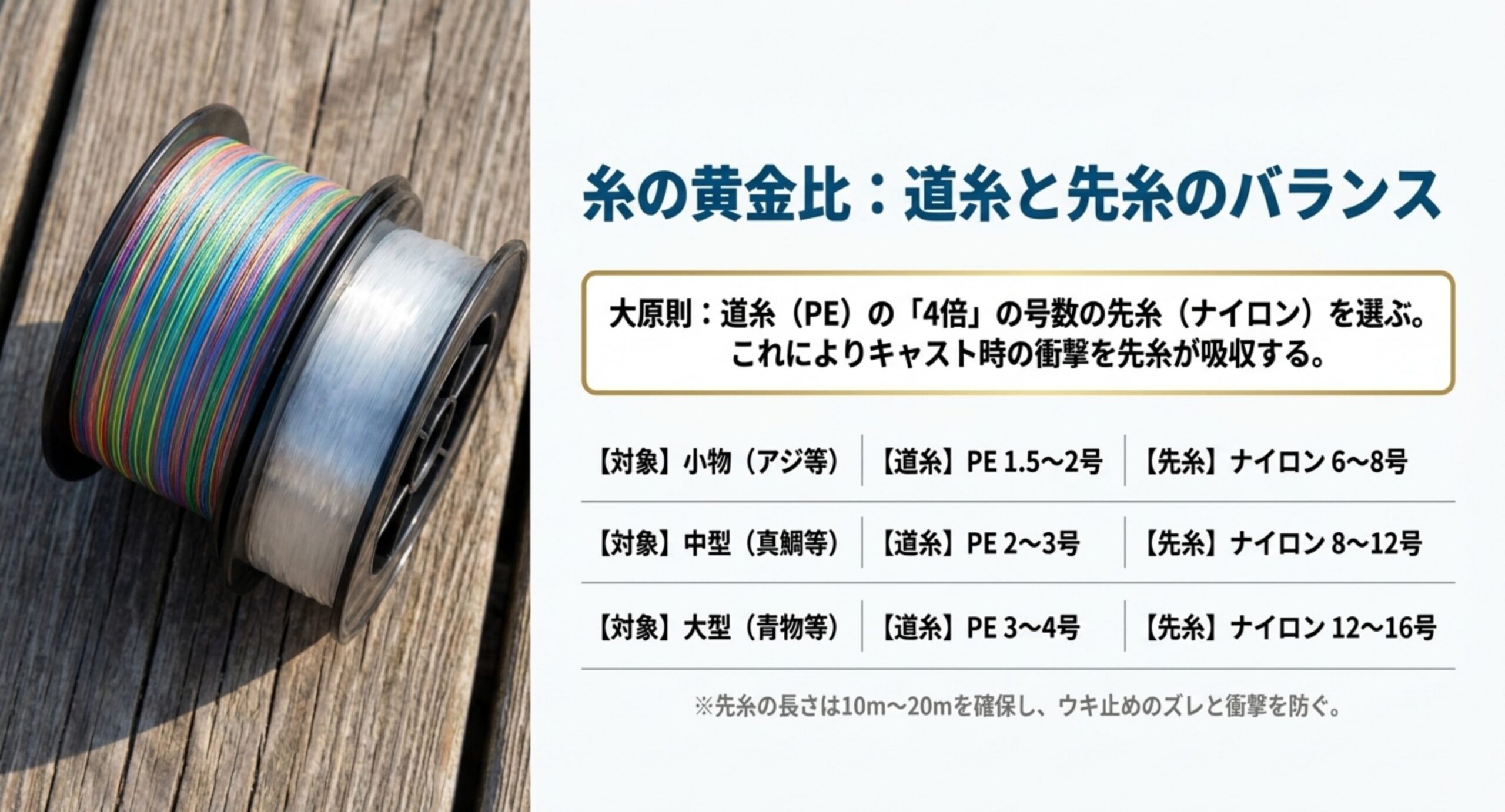 狙う魚とカゴの号数ごとに、PE道糸1.5号から4号に対してナイロン先糸を6号から16号まで4倍を目安に合わせる組み合わせと、先糸を10mから20m取ることを整理した早見表