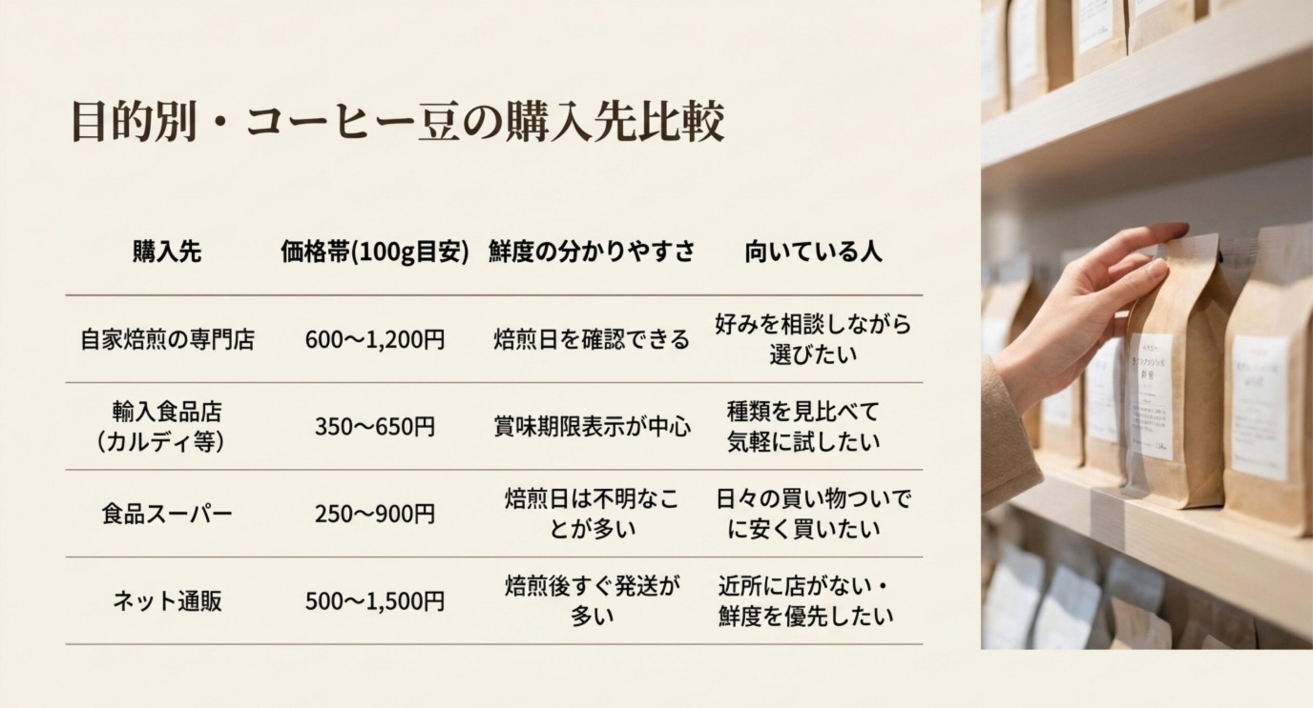 自家焙煎の専門店、カルディなどの輸入食品店、食品スーパー、ネット通販の4つについて、100gあたりの価格帯の目安と焙煎日の分かりやすさ、向いている人を並べて比較した表