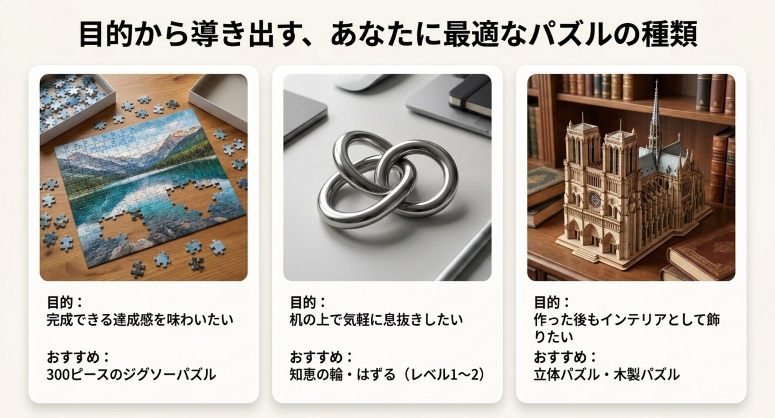 目的別に選ぶ大人のパズルの種類 完成の達成感ならジグソー300ピース、机上で気軽にならレベル1〜2の知恵の輪、飾りたいなら立体・木製パズルという目的別の対応