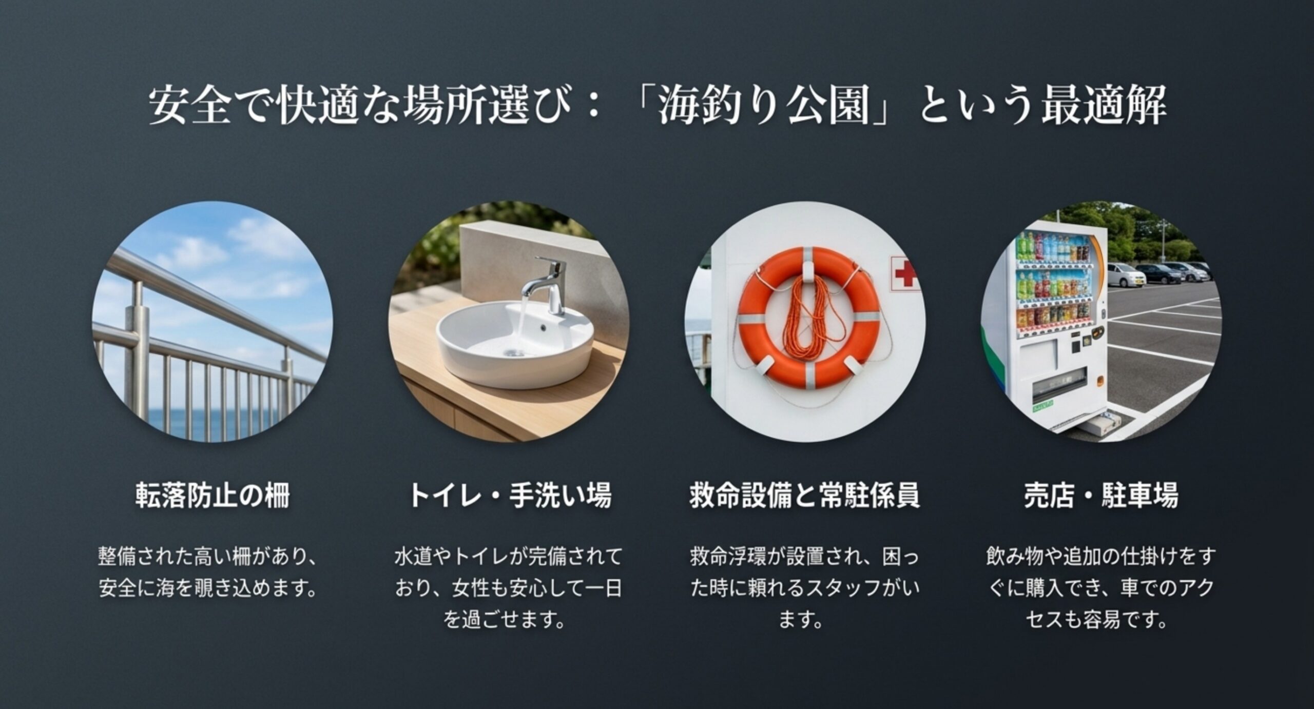 転落防止の柵、トイレと手洗い場、救命設備と常駐の係員、売店と駐車場という海釣り公園の四つの設備