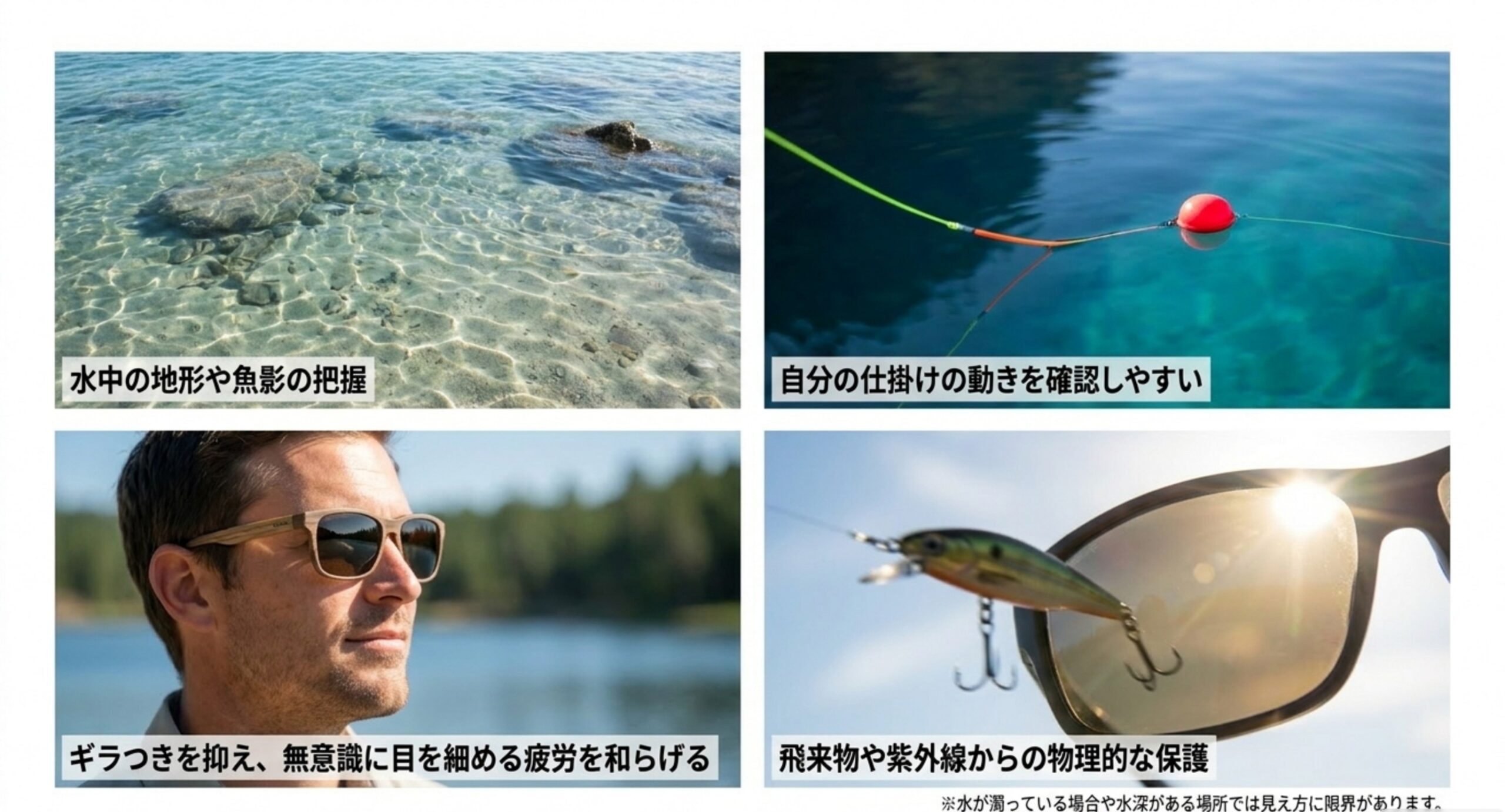水中の地形や魚影、仕掛けの動き、目の疲労軽減、飛来物と紫外線からの保護という4つの効果を示した図