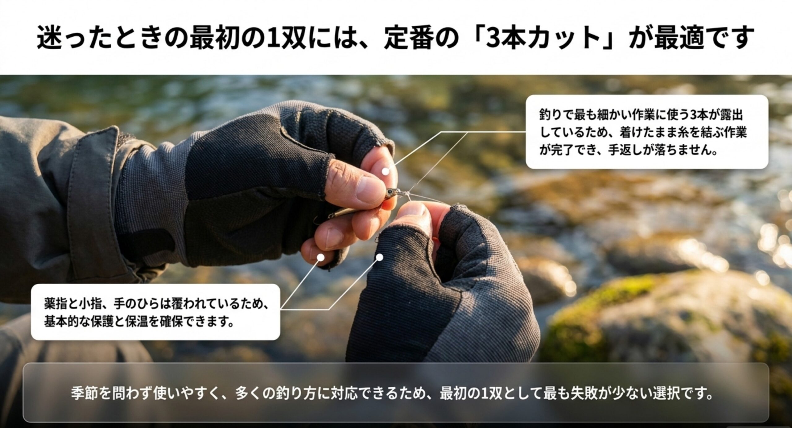 3本カットのグローブを着けたまま糸を結んでいる手元と、指先が出ている利点を説明した図