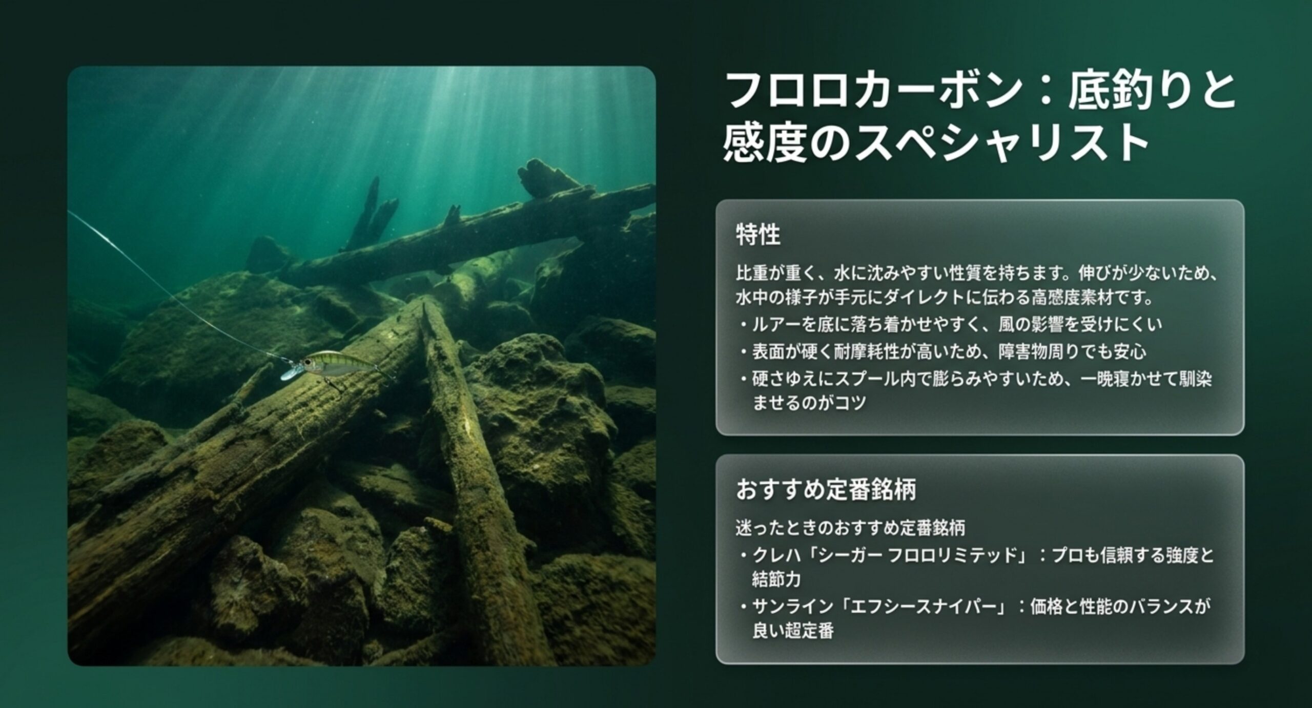 比重が重く水に沈み、伸びが少ないフロロカーボンの特性と、障害物周りでの耐摩耗性、スプール内で膨らみやすいので一晩馴染ませるコツを、水中の沈み木を写した写真とともに整理した図