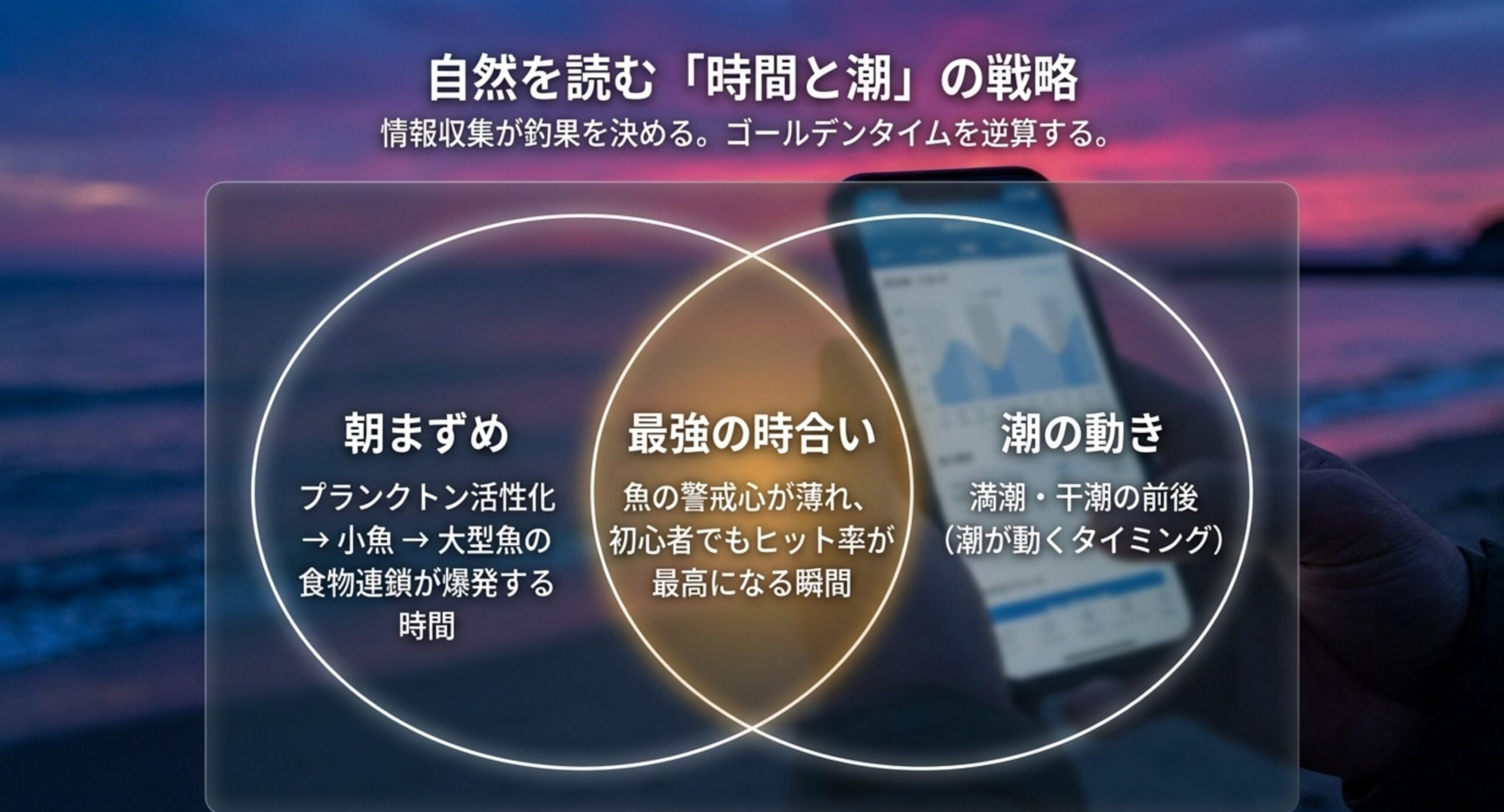 朝まずめでプランクトンが活性化する時間帯と、満潮・干潮前後の潮が動くタイミングが重なると時合いになることを示した図