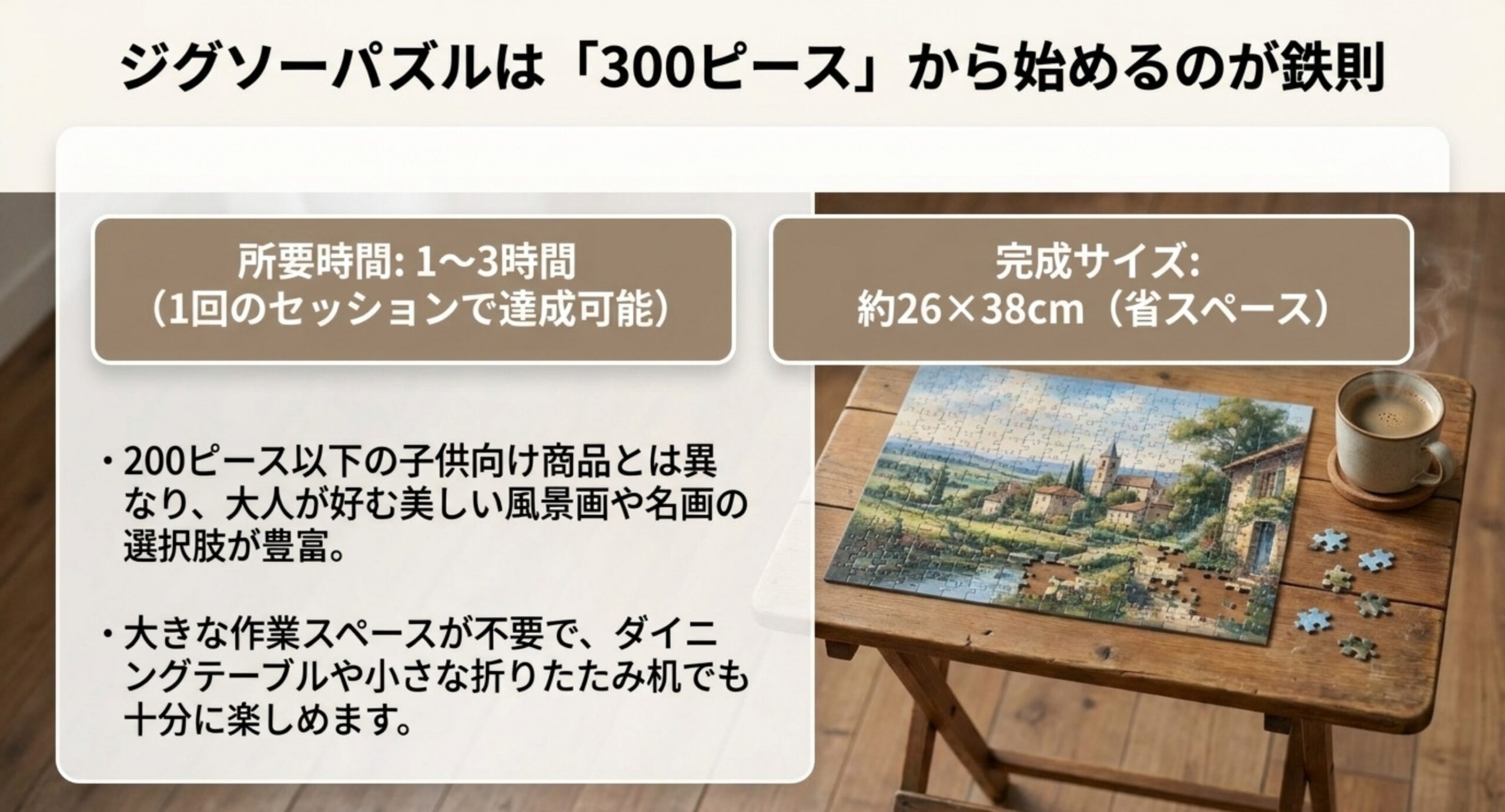 ジグソーパズルは300ピースから 300ピースは所要1〜3時間・完成サイズ約26×38cmで、大人向けの絵柄が多く省スペースでも楽しめることを示した図