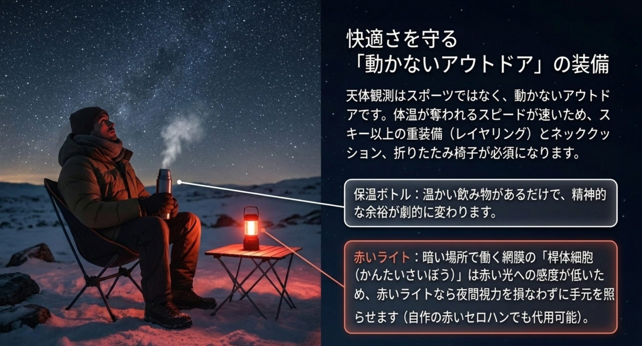天体観測は動かないアウトドアの装備で 体温が奪われやすい天体観測に必要な重ね着と保温ボトル、夜間視力を損なわない赤いライトを示した装備の図