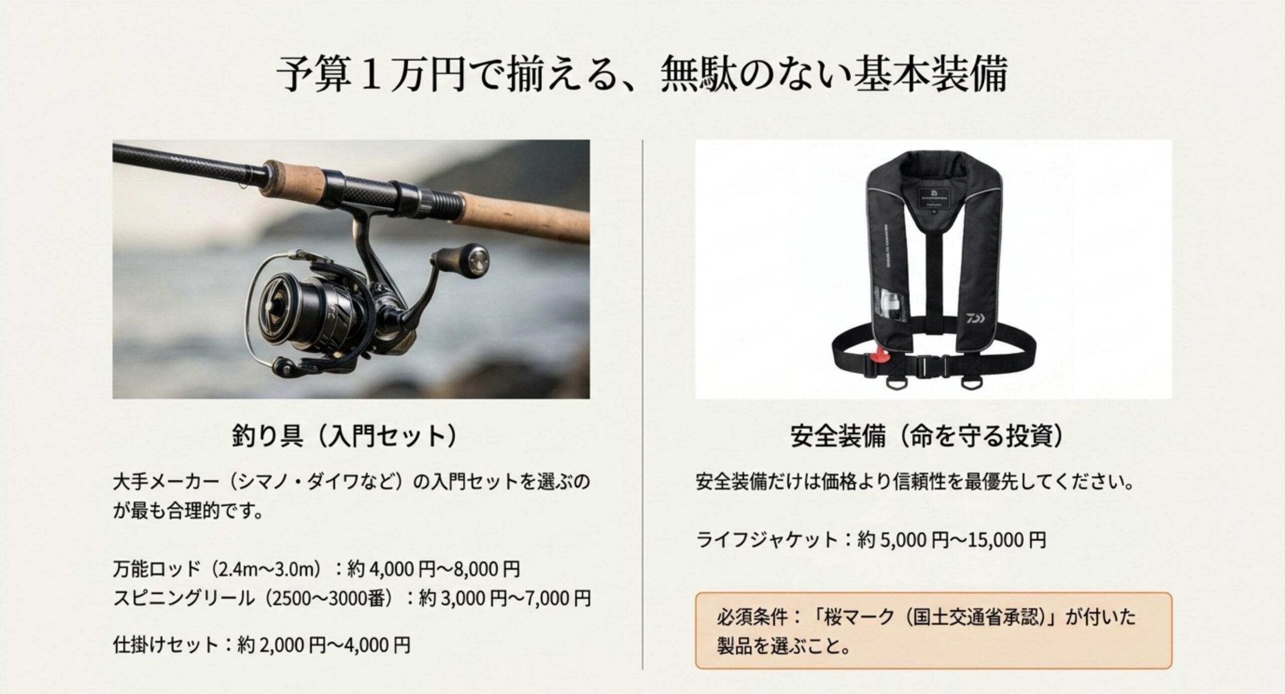 万能ロッドとスピニングリール、仕掛けセットの価格の目安と、桜マーク付きライフジャケットを選ぶ基準