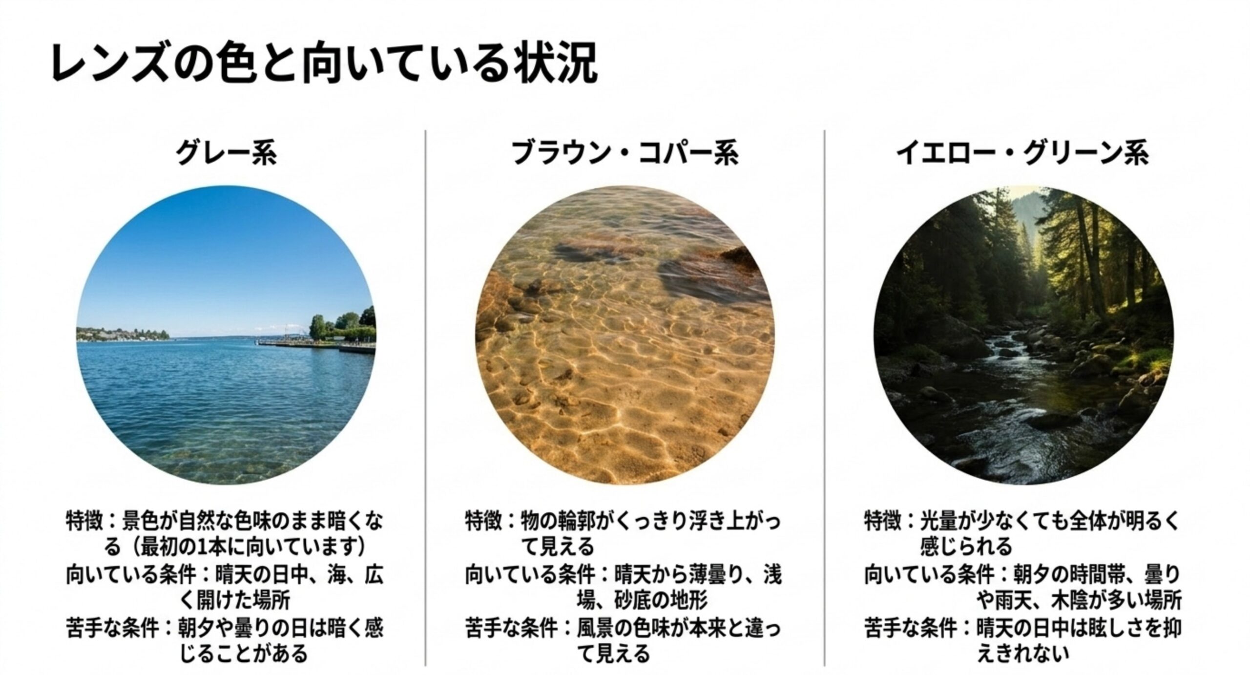 グレー系・ブラウン系・イエロー系の3色について、特徴と向いている条件、苦手な条件を比べた図