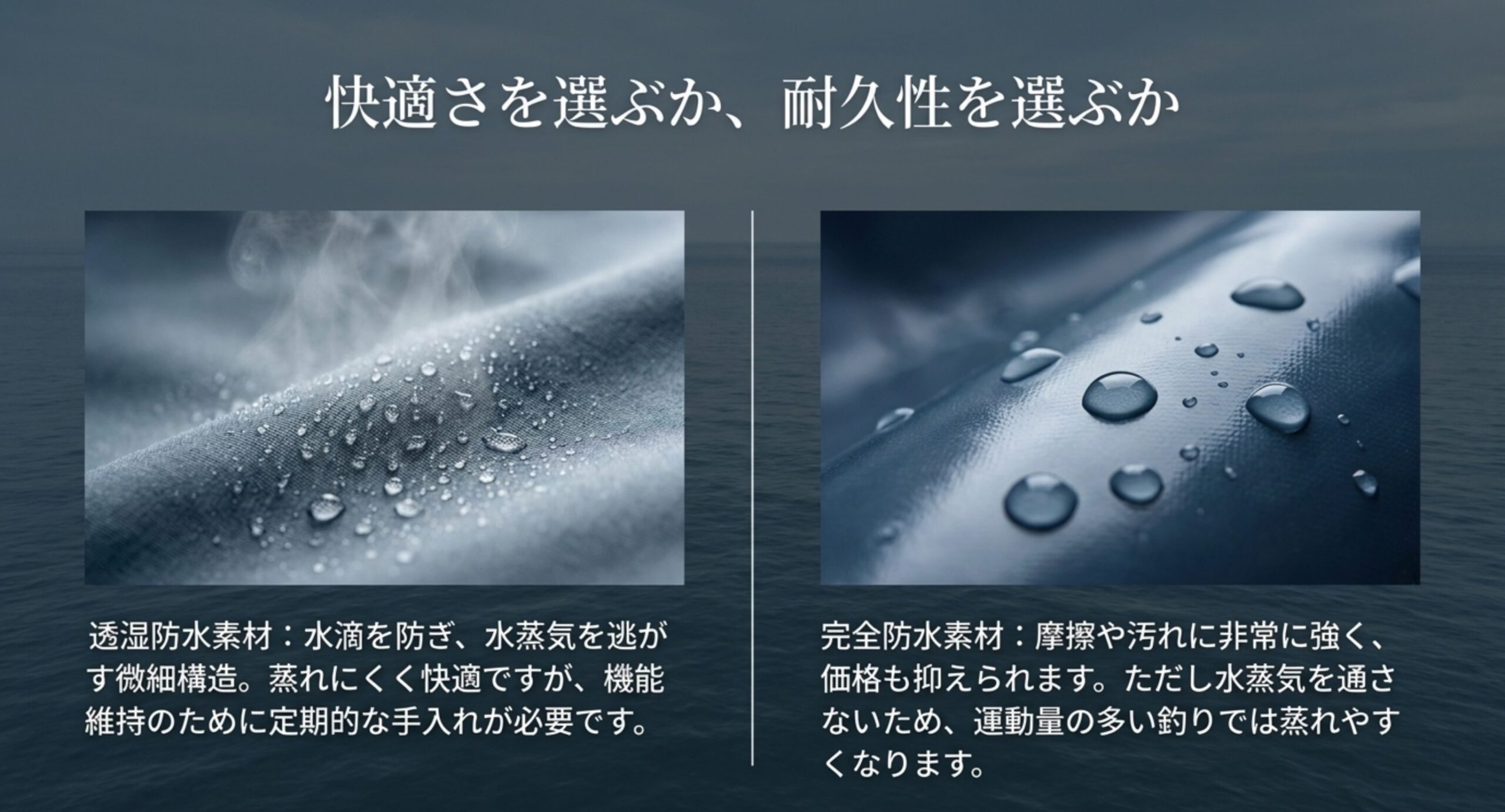 透湿防水素材は蒸れにくいが手入れが必要、完全防水素材は摩擦に強く安価だが蒸れやすいことを対比した図