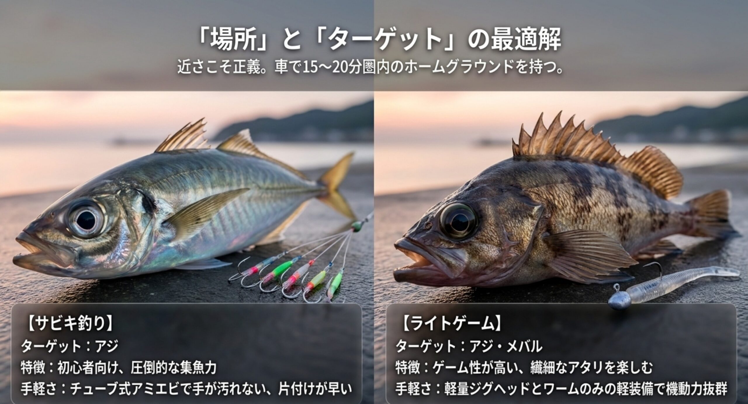 車で15〜20分圏内のホームグラウンドで、サビキ釣りのアジとライトゲームのアジ・メバルを狙う場合の違いを比べた図