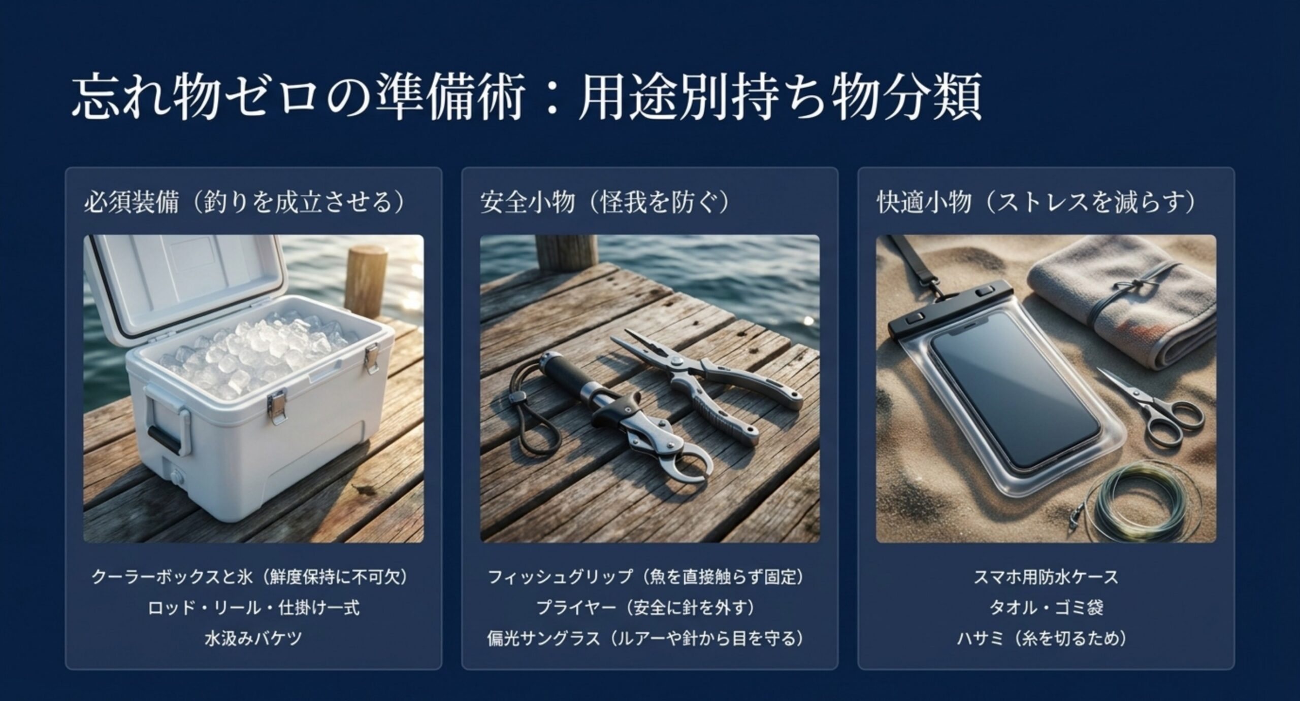 釣りを成立させる必須装備、けがを防ぐ安全小物、ストレスを減らす快適小物の三つに分けた持ち物の分類