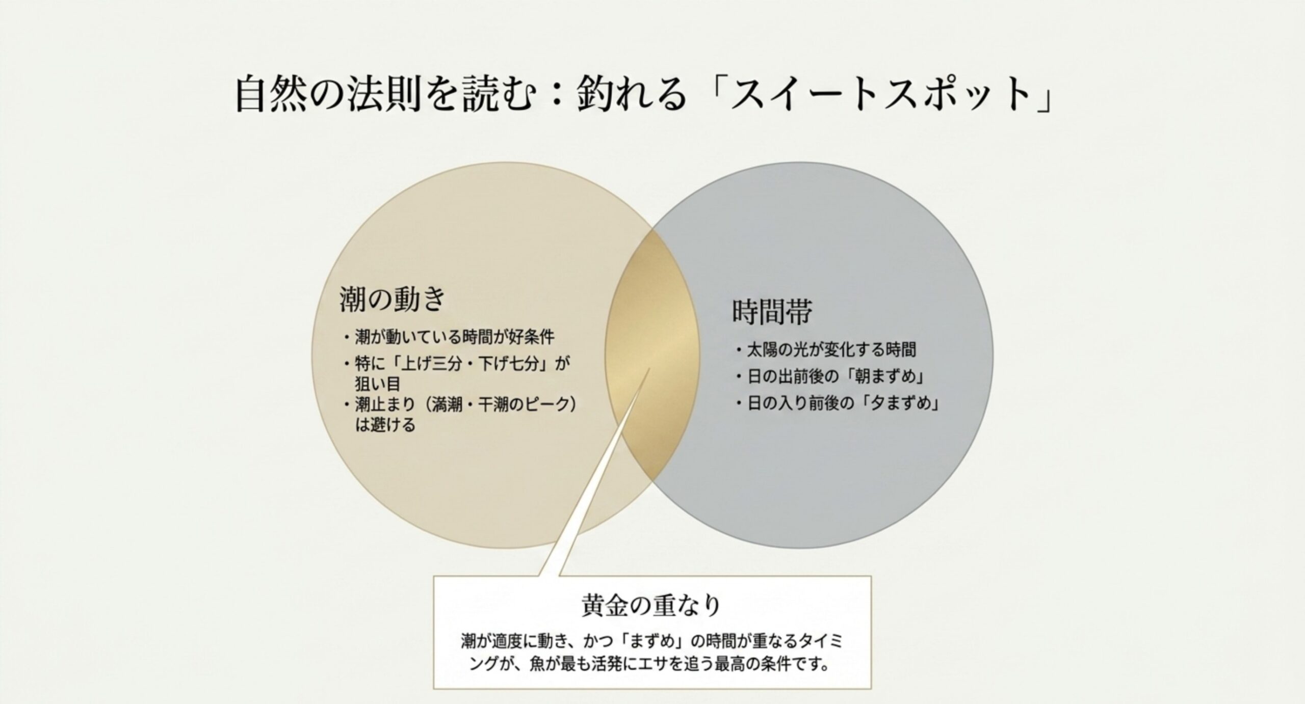 潮が動いている時間と朝まずめ・夕まずめが重なるときが、魚が最も活発にエサを追う条件になることを示した図