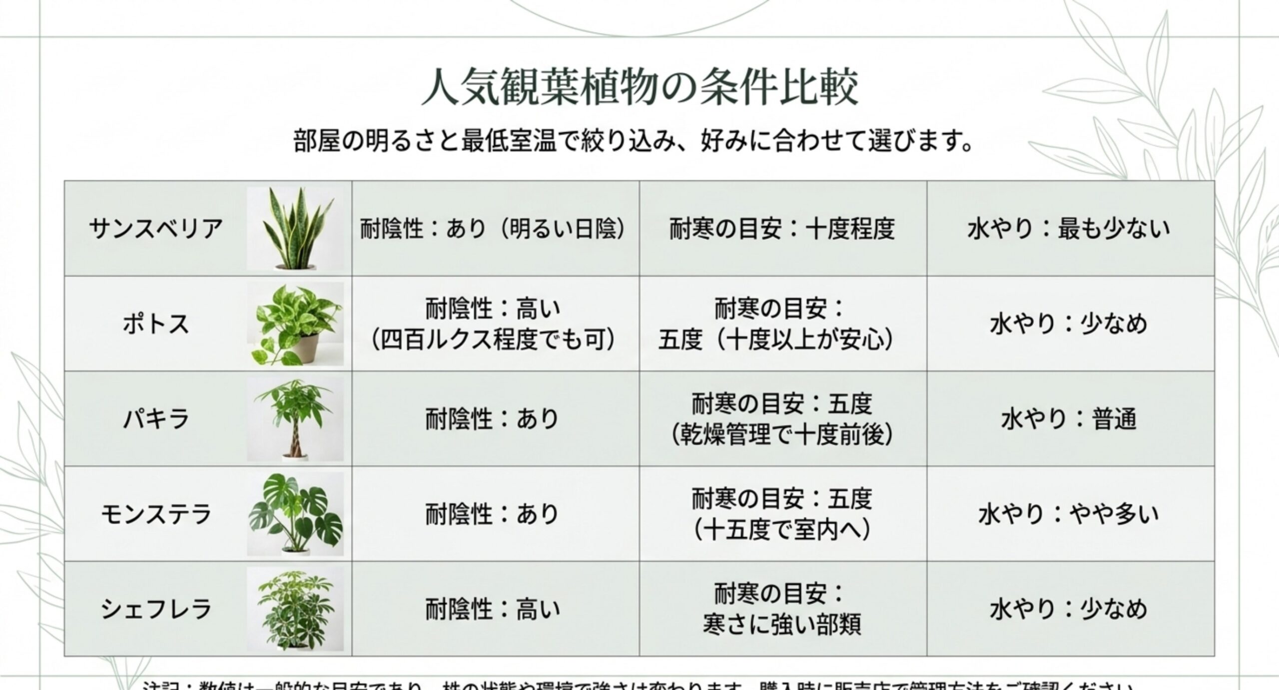 サンスベリア、ポトス、パキラ、モンステラ、シェフレラの耐陰性と耐寒温度、水やりの手間を比べた表のスライド