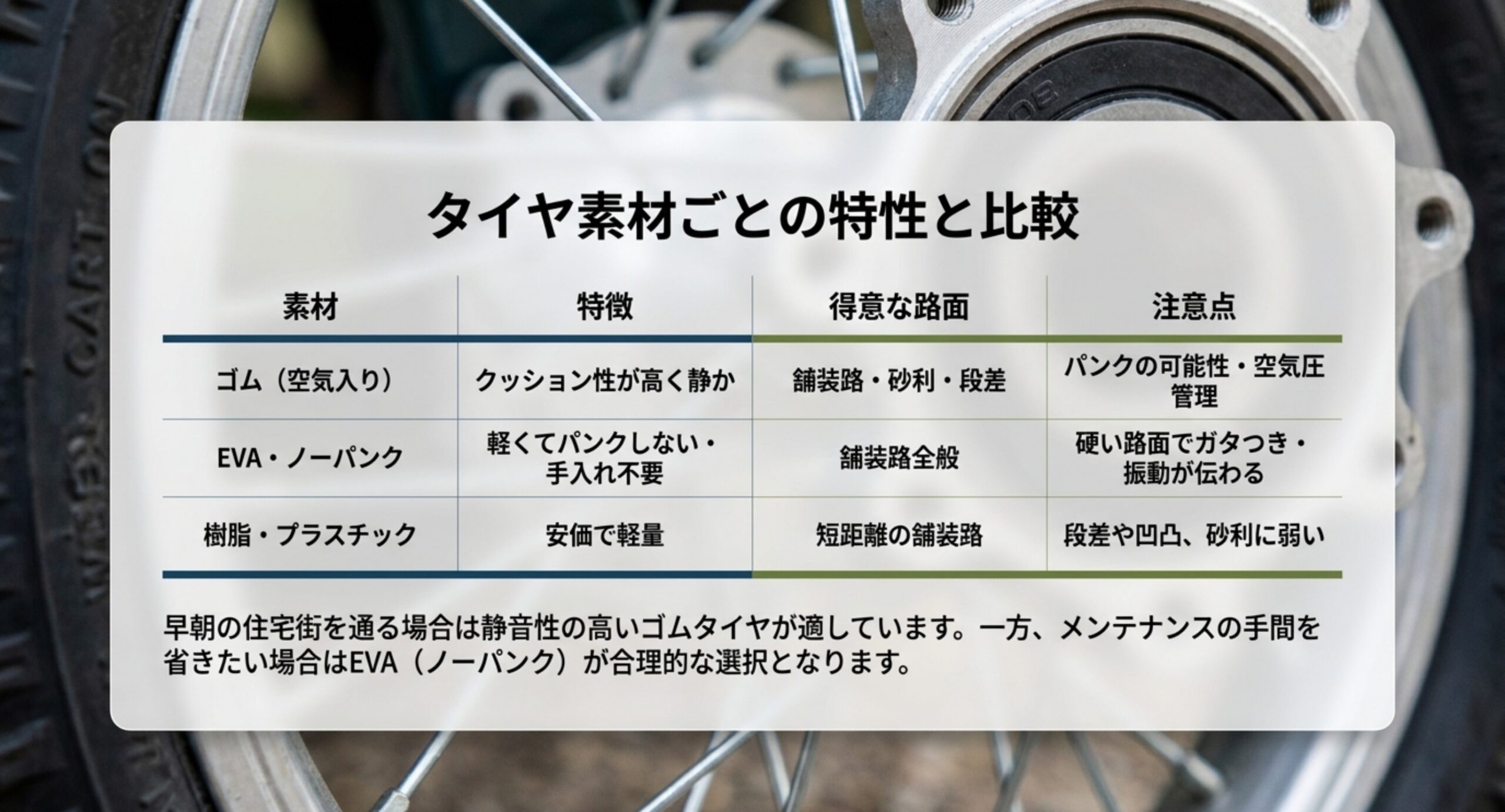 ゴム空気入り、EVAノーパンク、樹脂プラスチックの3素材について特徴と得意な路面と注意点を比べた表