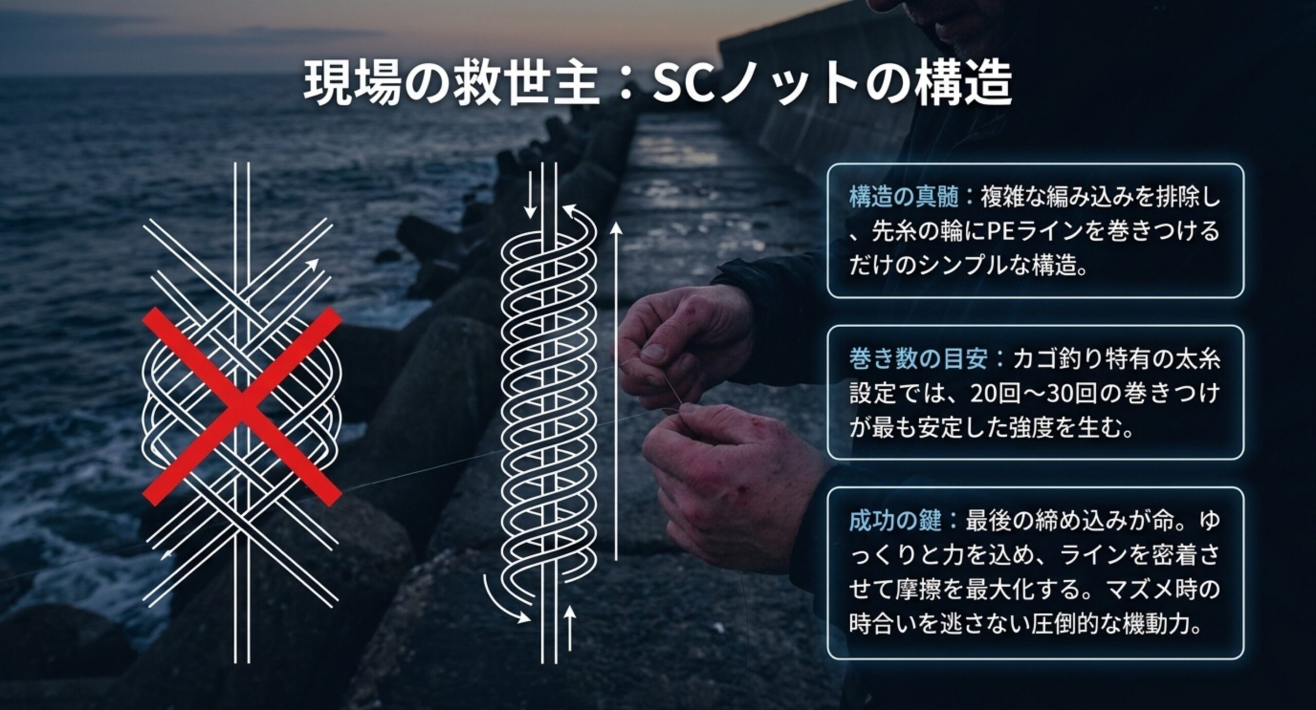 先糸の輪にPEラインを巻きつけるだけのSCノットの構造と、カゴ釣りの太糸で20回から30回巻きつける目安、締め込みで摩擦を最大化する手順の図解