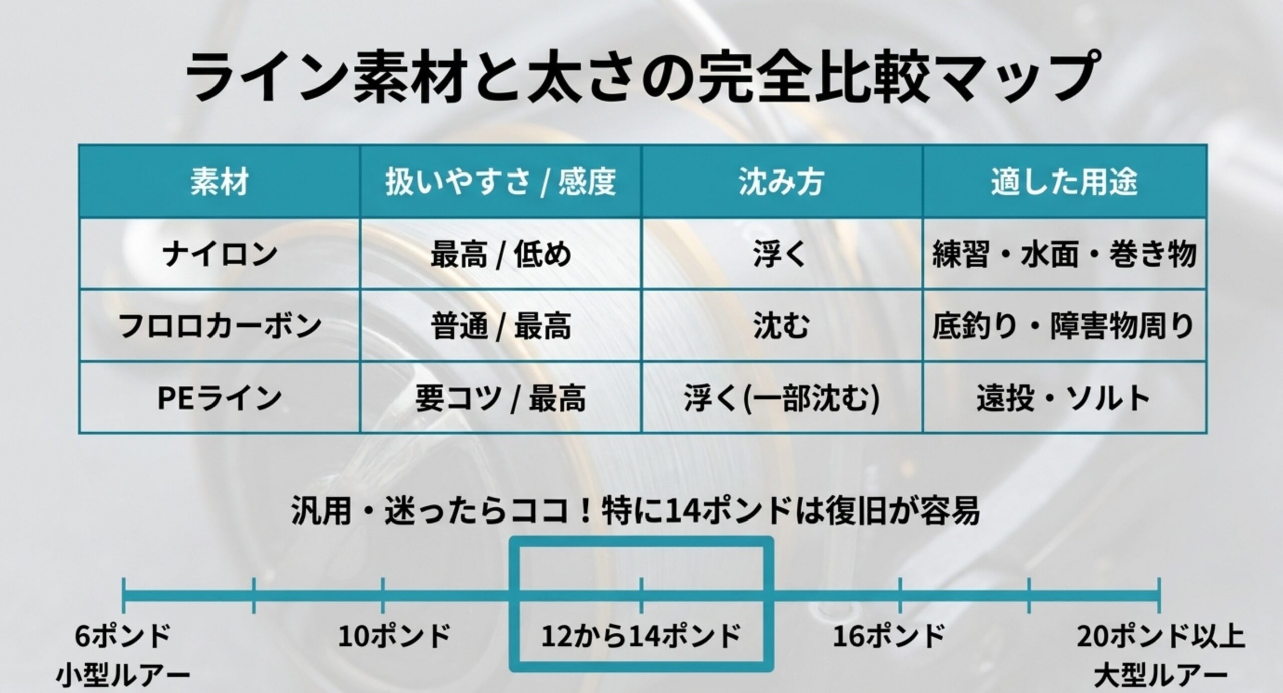 ナイロン・フロロカーボン・PEラインの扱いやすさと感度、沈み方、適した用途を並べた比較表と、6ポンドから20ポンド以上までの太さの目安を1本の帯で示した図