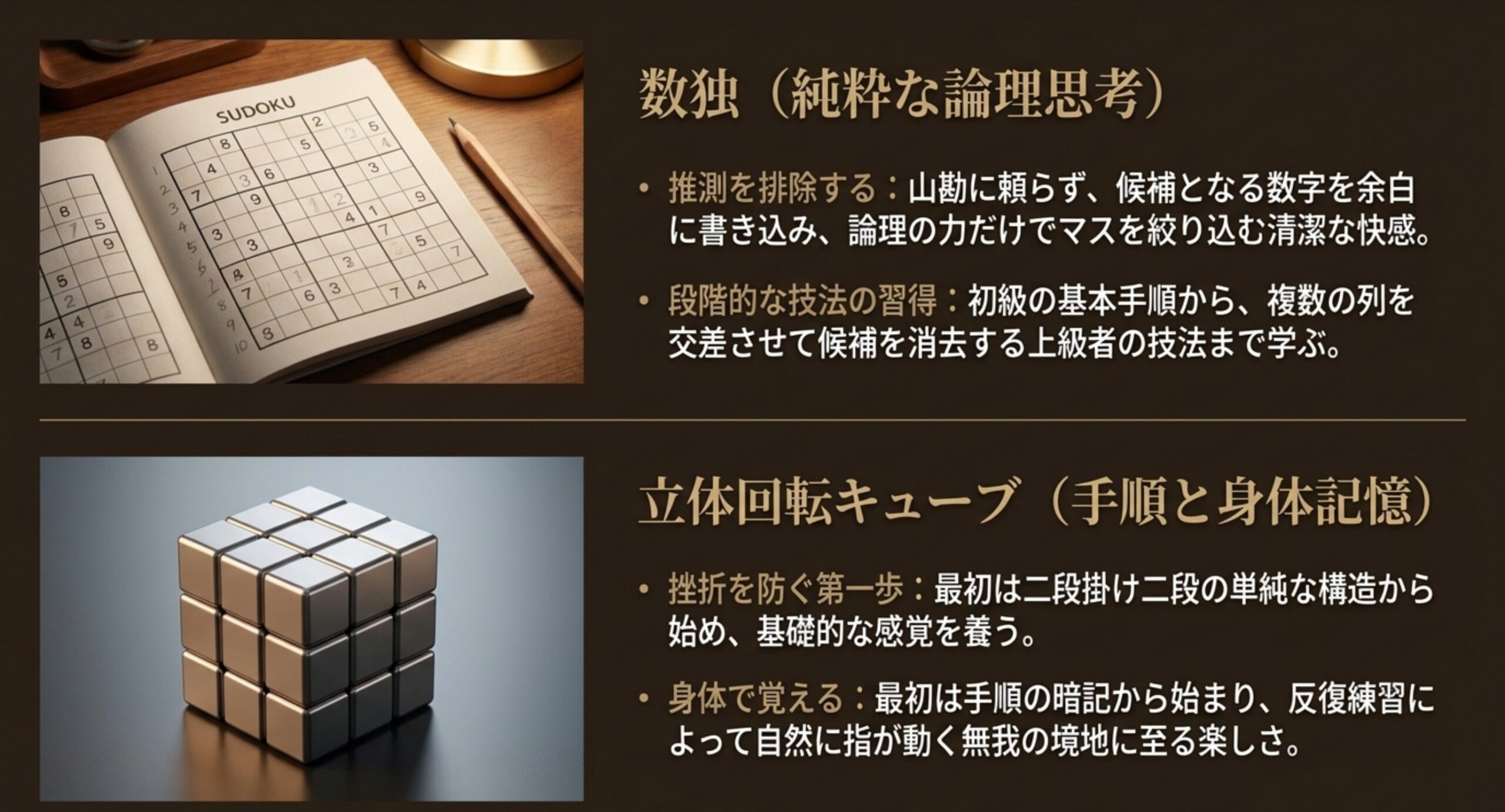 数独を候補の数字を書き込みながら論理で絞り込む様子と、立体回転キューブを手順の反復で覚えていく様子の対比