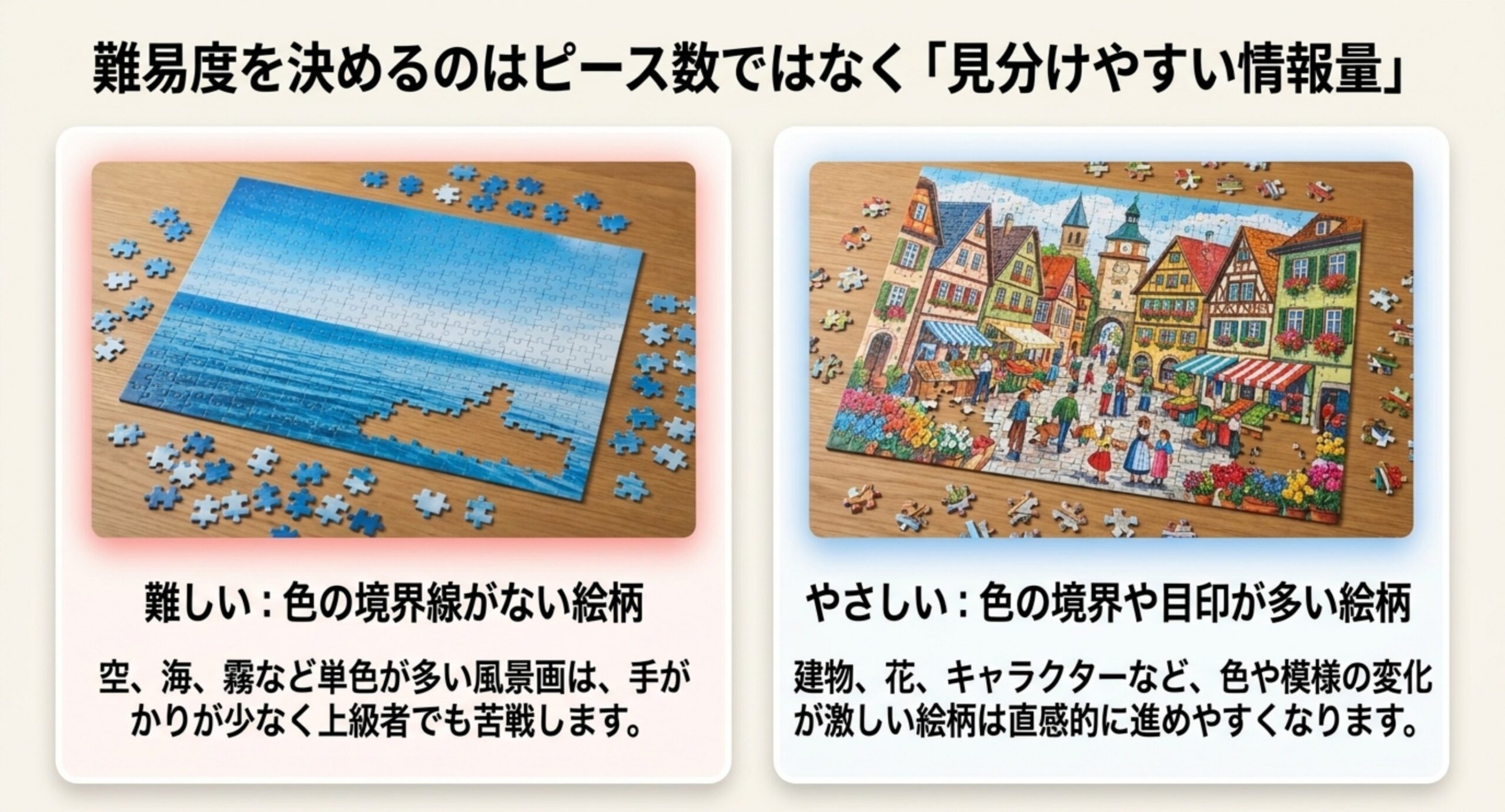パズルの難易度は絵柄の情報量で決まる 空や海など単色が多い絵柄は手がかりが少なく難しく、建物や花など色の変化が多い絵柄は進めやすいことを比べた図