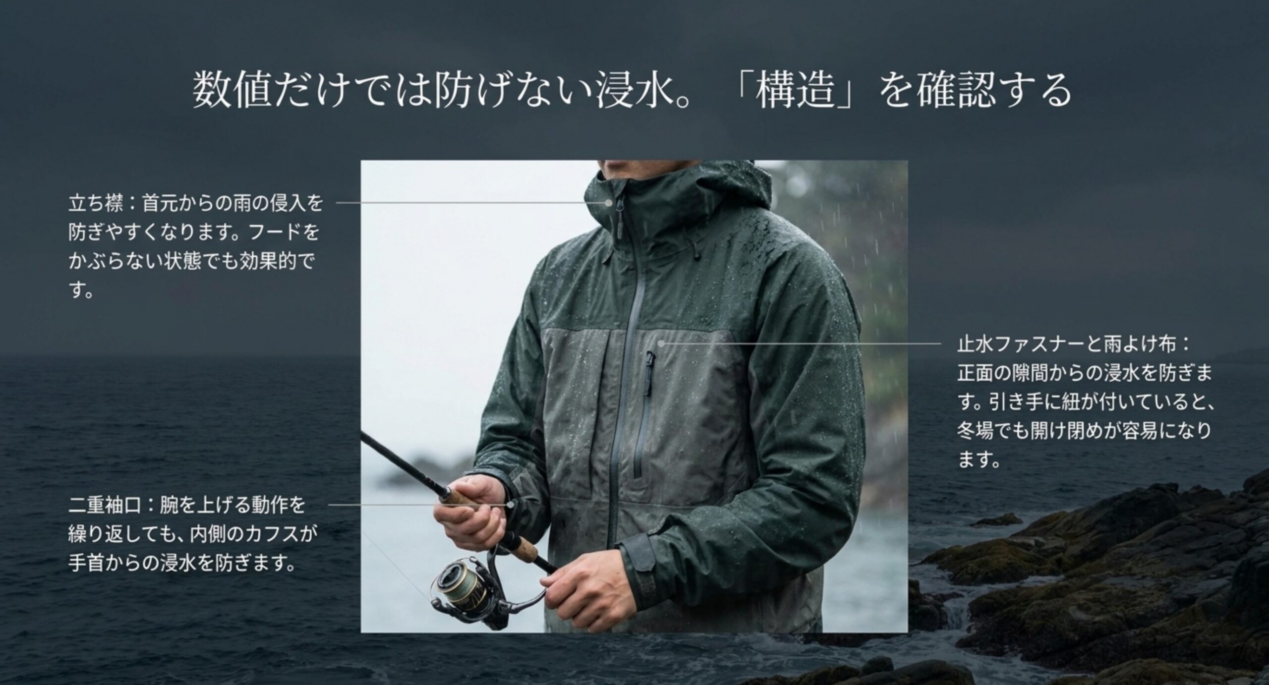 レインウェアを着た釣り人の写真に、立ち襟と二重袖口と止水ファスナーの役割を注記した図