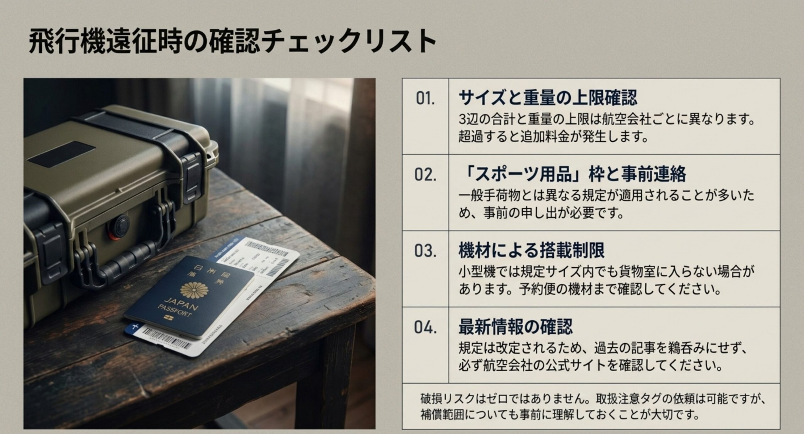 サイズと重量の上限、スポーツ用品枠と事前連絡、機材による制限、最新情報の確認という4項目のチェックリスト