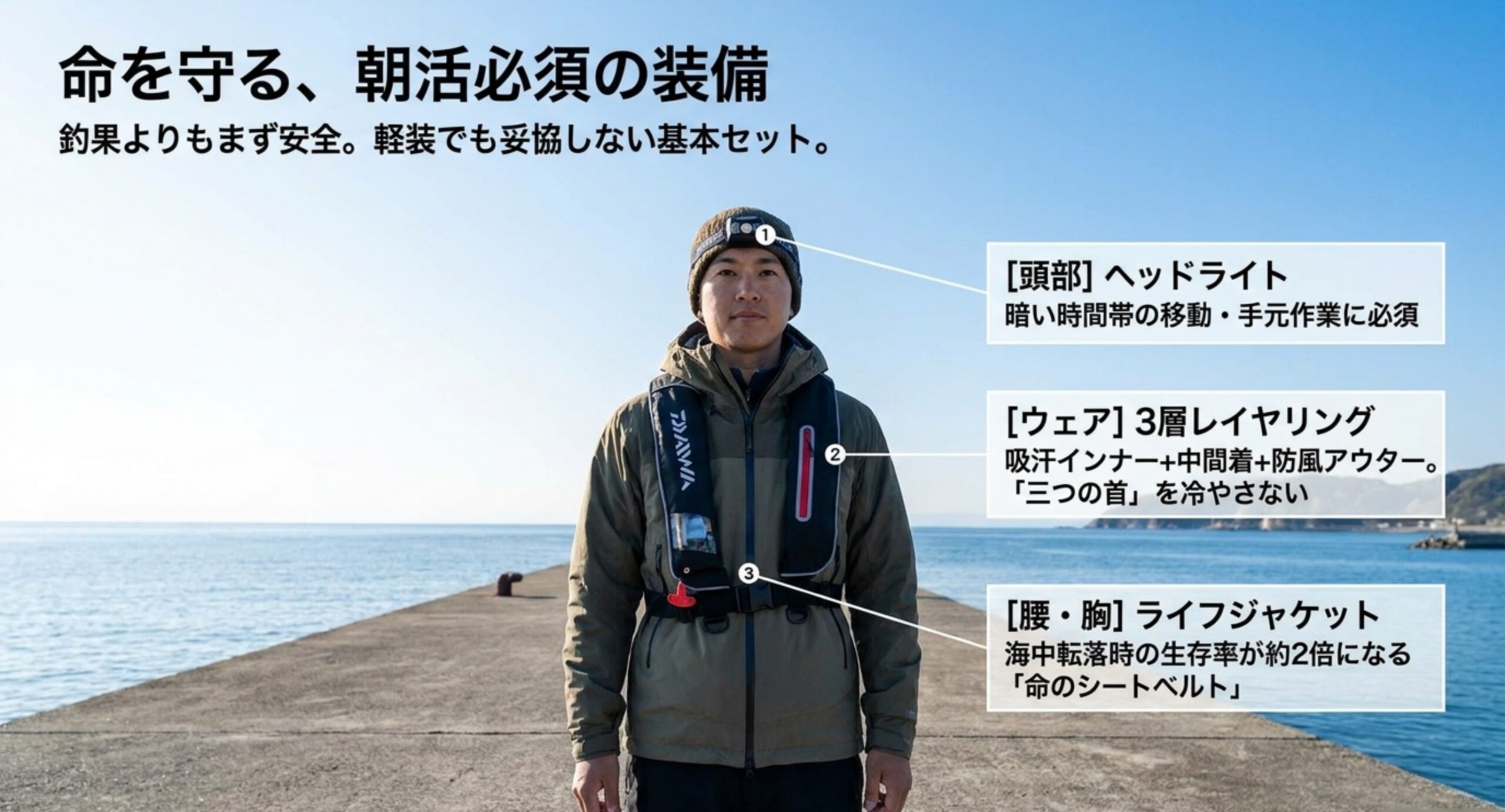 ヘッドライト、三層に重ねたウェア、ライフジャケットという早朝の釣りで欠かせない装備を身につけた状態
