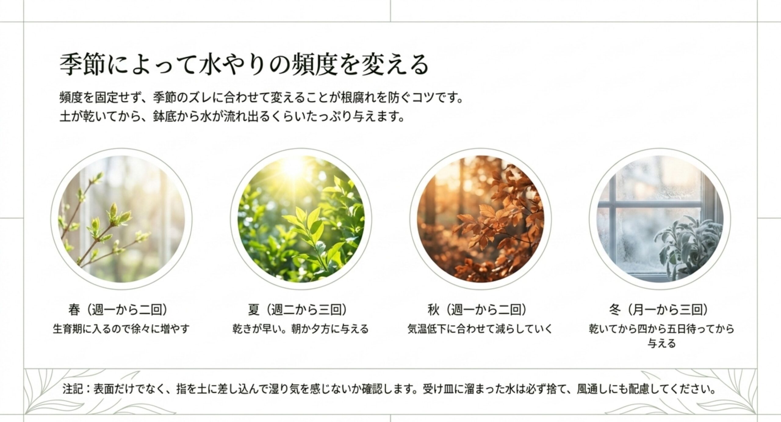 春夏秋冬それぞれの水やり頻度と注意点を写真とともに並べたスライド