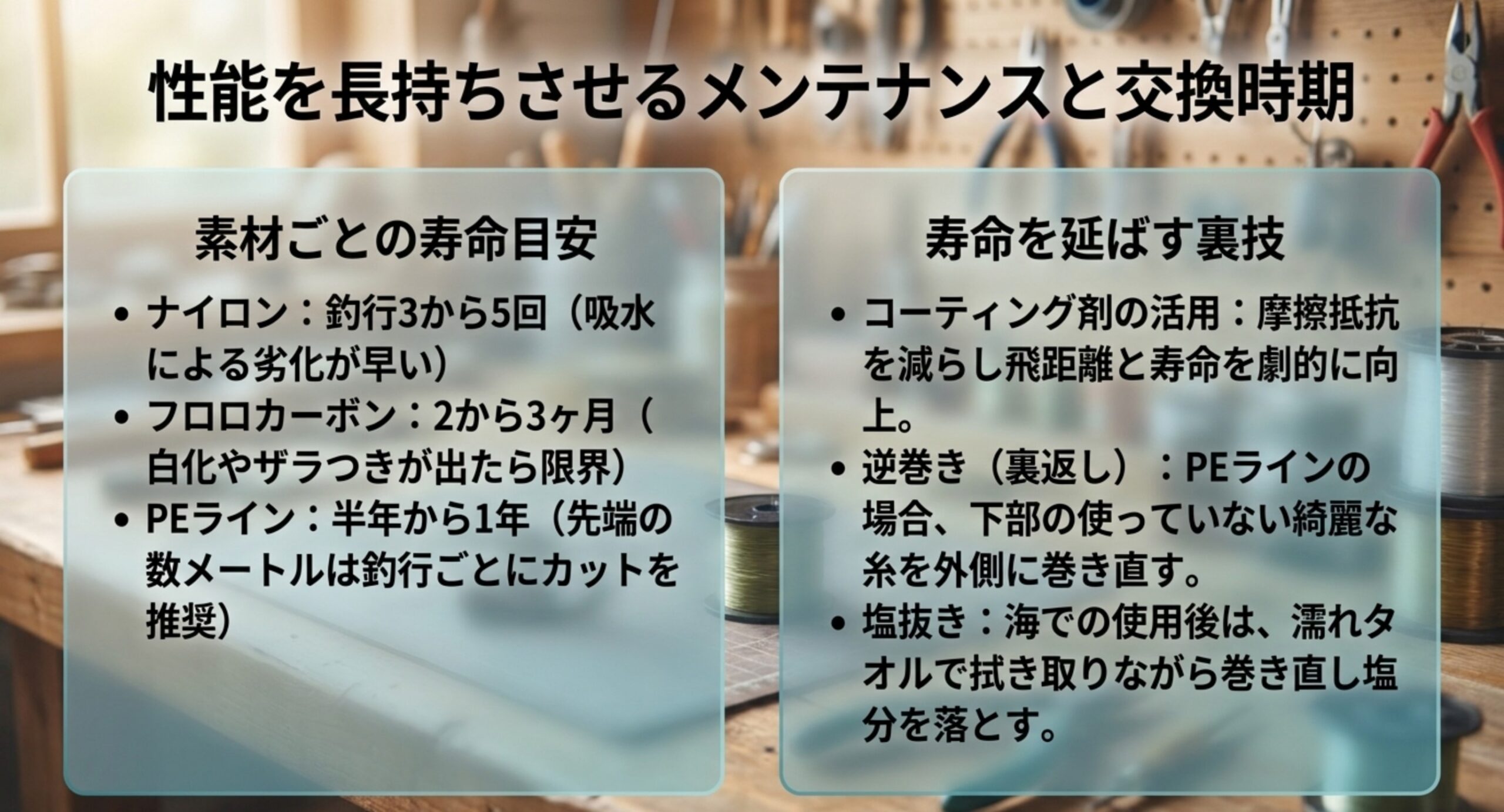 ナイロンは釣行3から5回、フロロカーボンは2から3か月、PEラインは半年から1年という素材別の寿命の目安と、コーティング剤や逆巻き、塩抜きといった手入れの方法をまとめた図