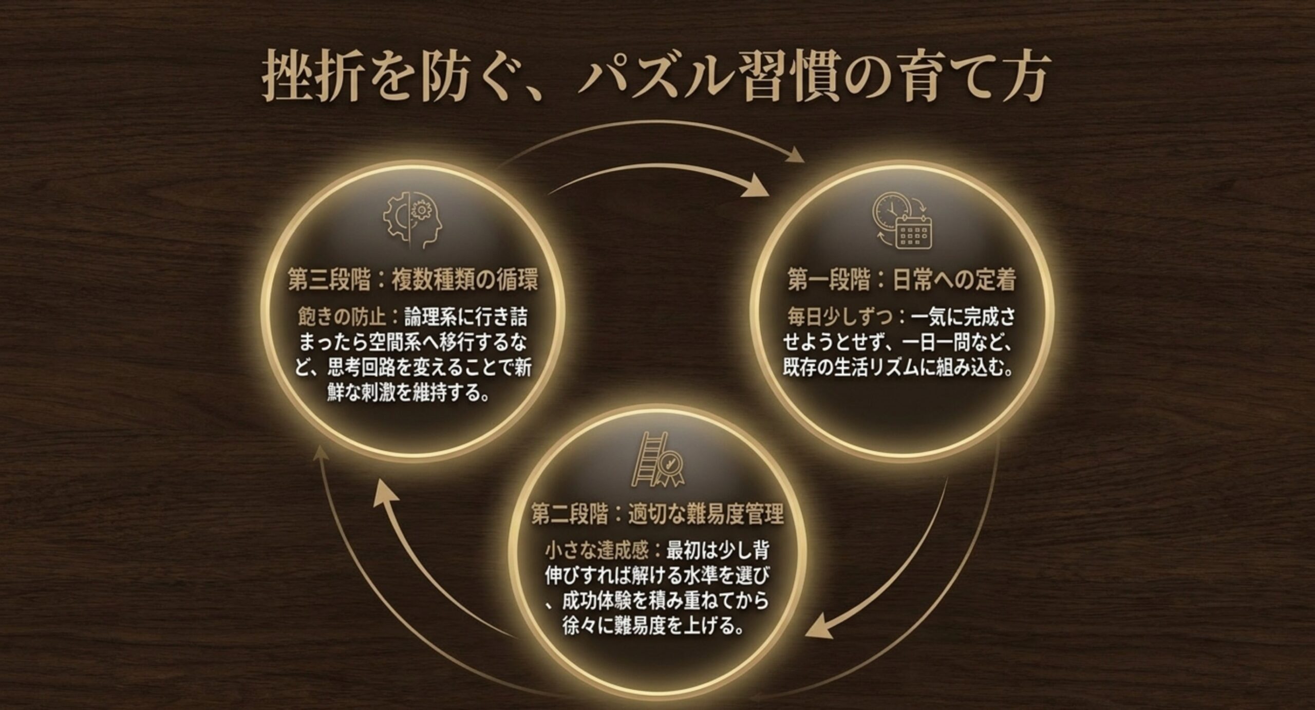 日常への定着・適切な難易度管理・複数種類の循環という、パズルを続けるための三段階の流れ図