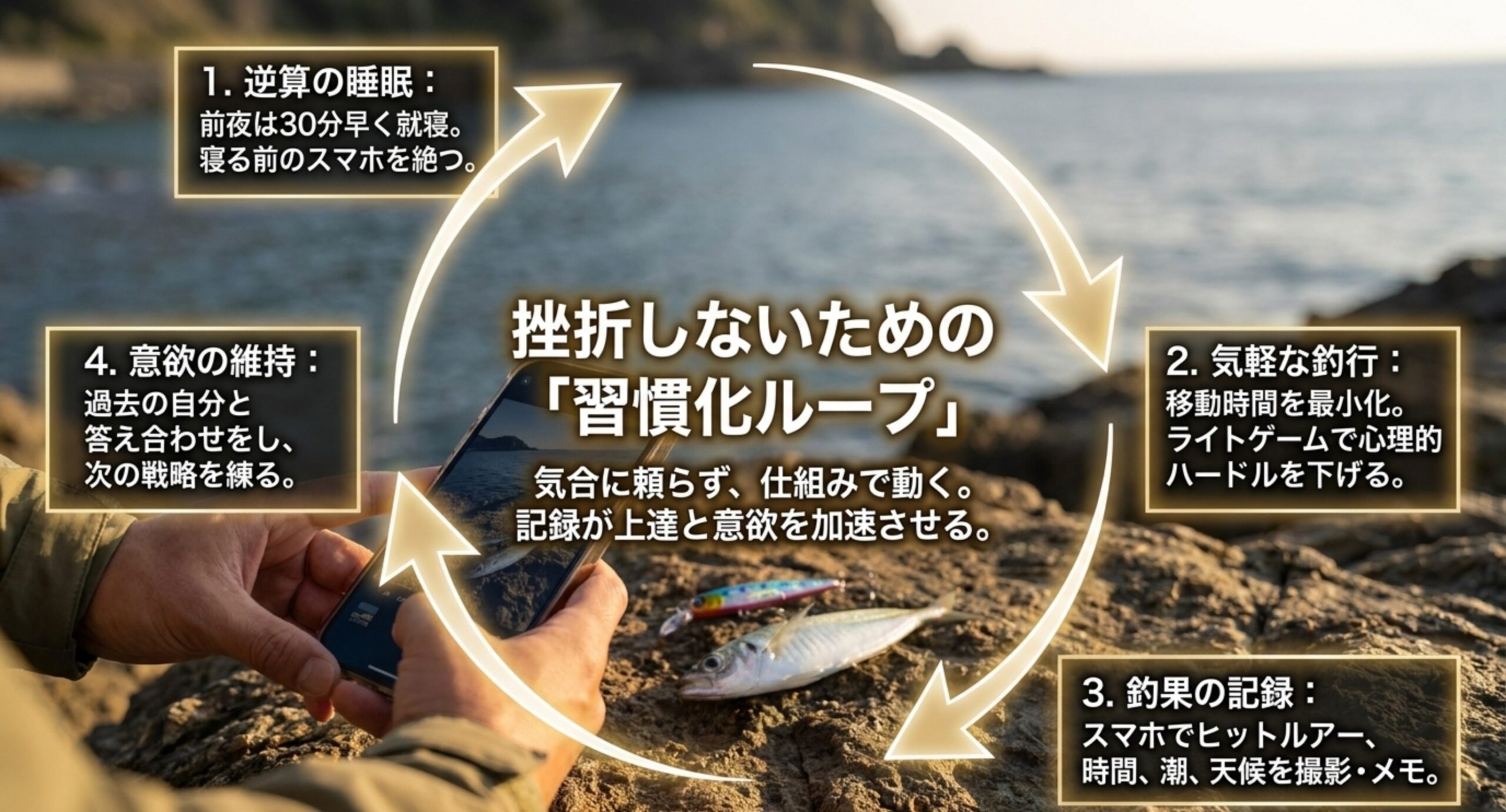 前夜に早く寝る、移動時間の短い釣行にする、釣果を記録する、記録から次を考えるという習慣化の循環図