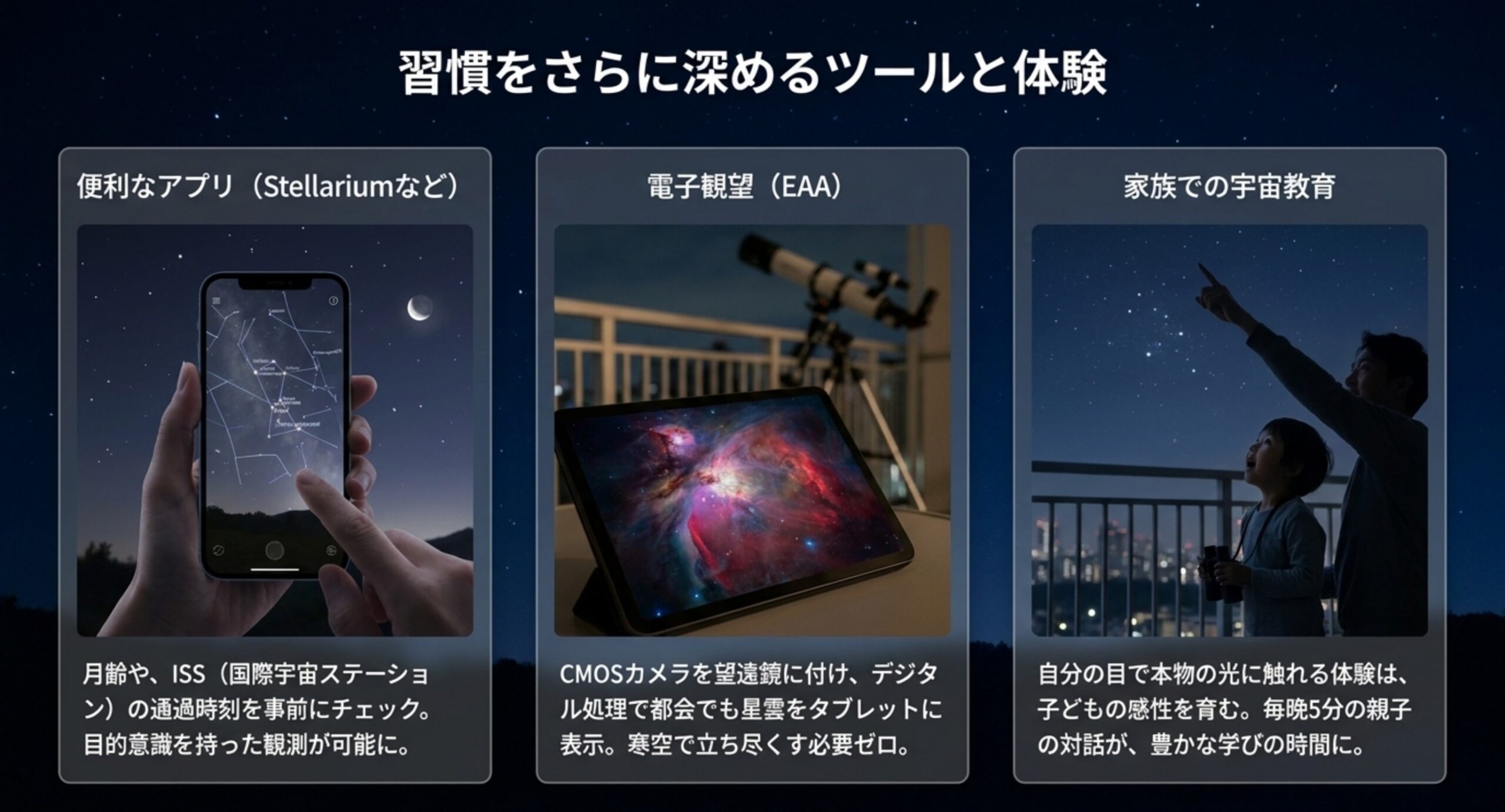星空アプリと電子観望で習慣を深める 月齢や国際宇宙ステーションの通過を調べるアプリ、都会でも星雲を映せる電子観望、家族で星を見る体験の三つの深め方