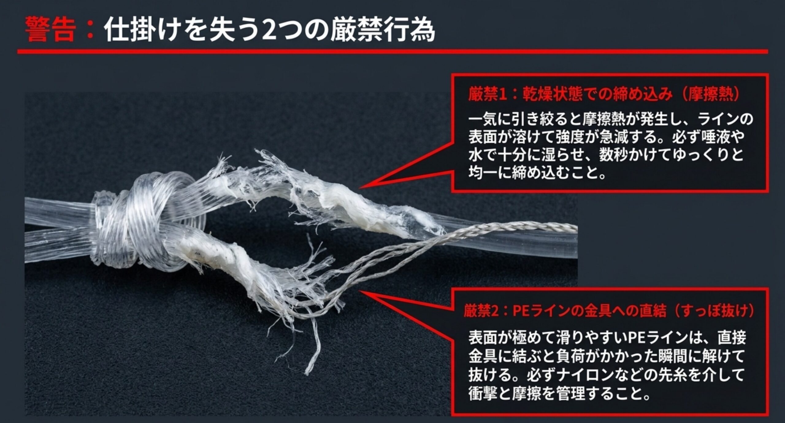 乾いたまま締め込んで摩擦熱でラインが溶ける失敗と、PEラインを金具へ直結してすっぽ抜ける失敗の2つを、傷んだ結び目の拡大写真で示した注意点の図解