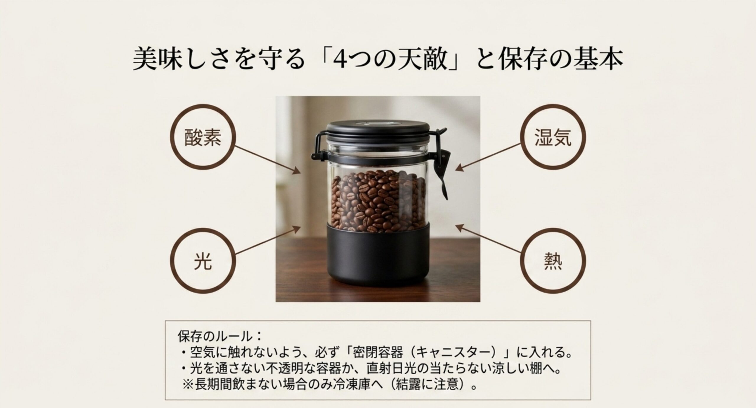 酸素・湿気・光・熱という風味を落とす4つの要因と、密閉容器に入れて直射日光の当たらない涼しい場所に置くという保存のルールを、キャニスターの写真とともに整理した図