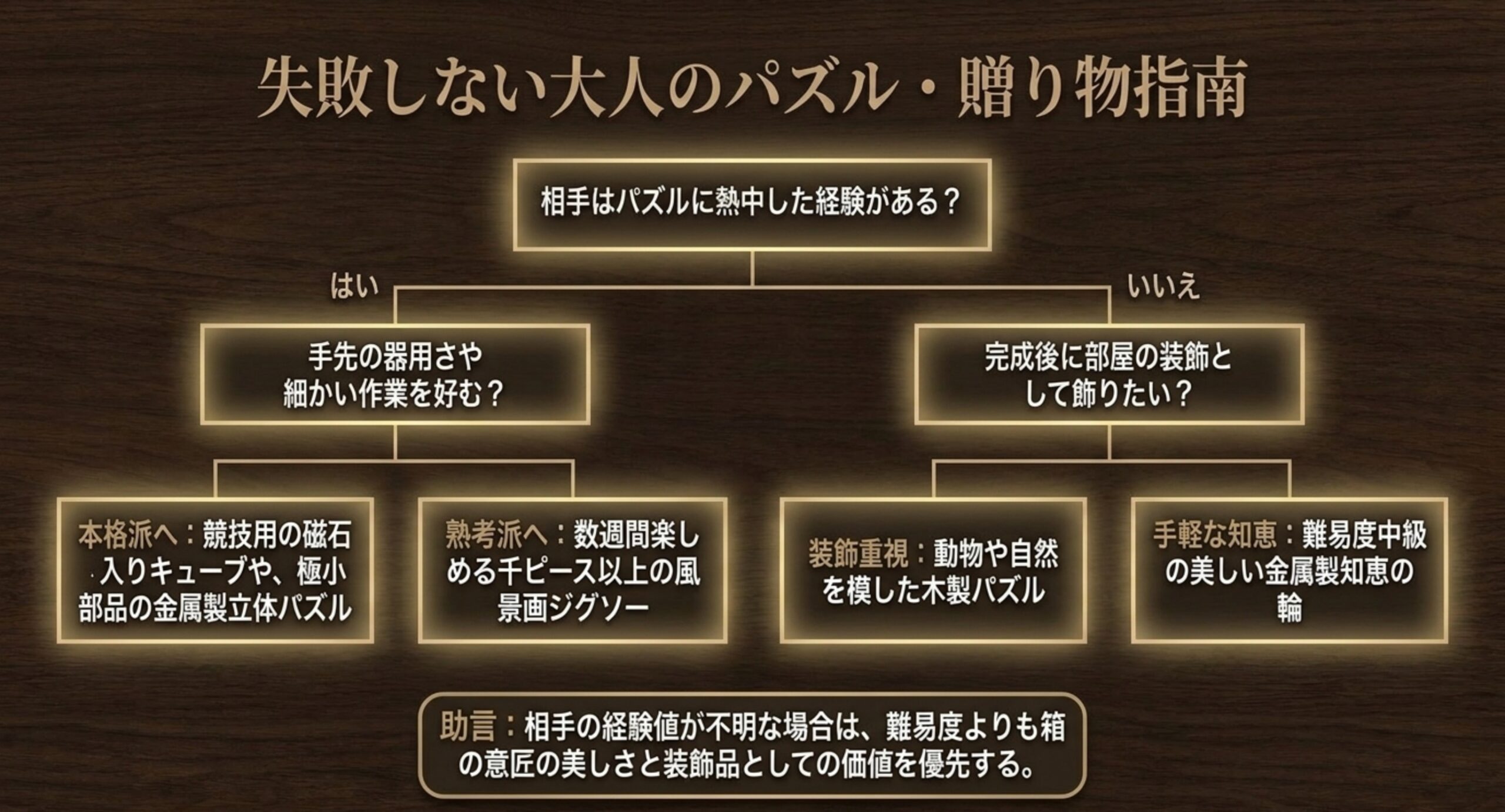 相手にパズル経験があるか、細かい作業を好むかで分岐して贈るパズルを決める選び方のチャート
