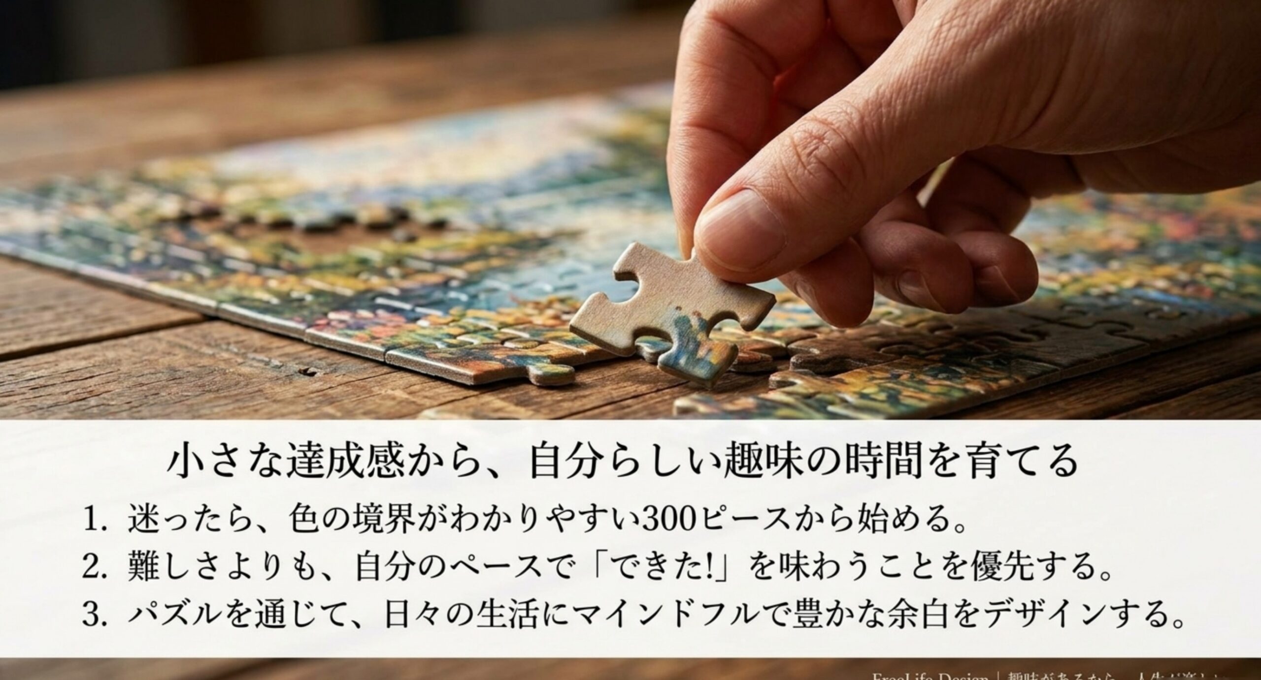 小さな達成感から趣味の時間を育てる 色の境界がわかりやすい300ピースから始め、自分のペースで完成の喜びを味わうことを勧める締めくくり