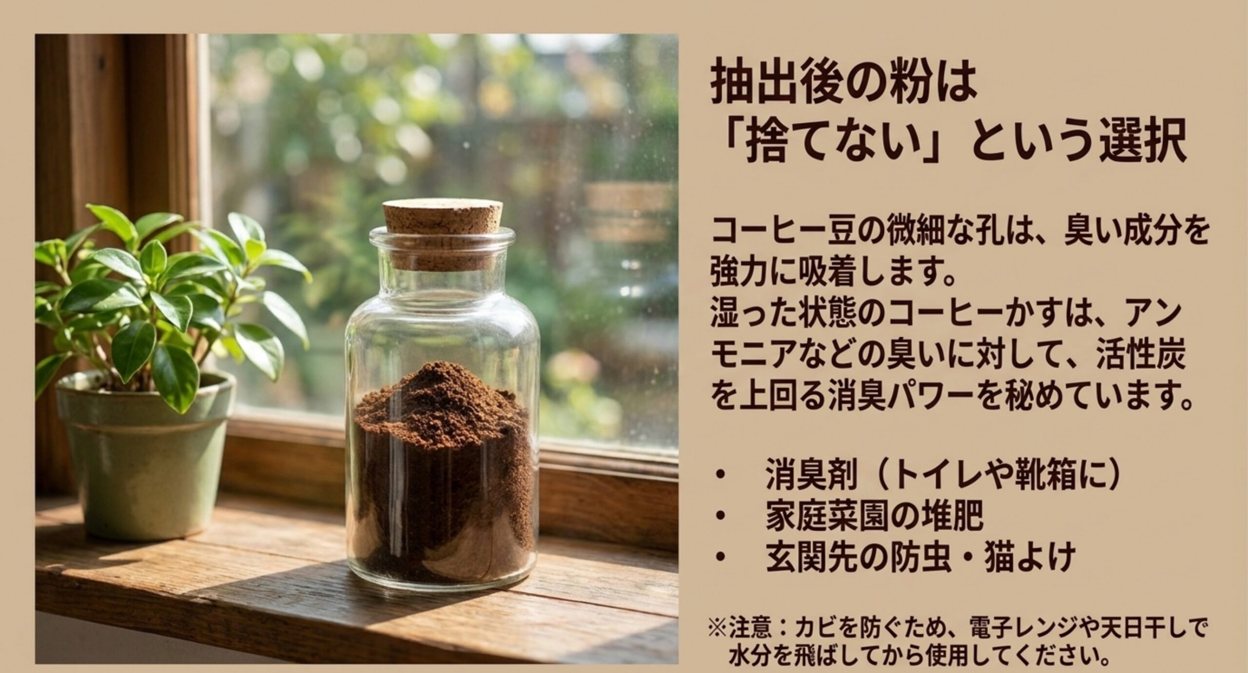 コーヒー豆の微細な孔が臭い成分を吸着する性質を利用し、抽出後のかすを消臭剤や家庭菜園の堆肥、玄関先の防虫に使う方法と、乾かしてから使う注意点をまとめた図