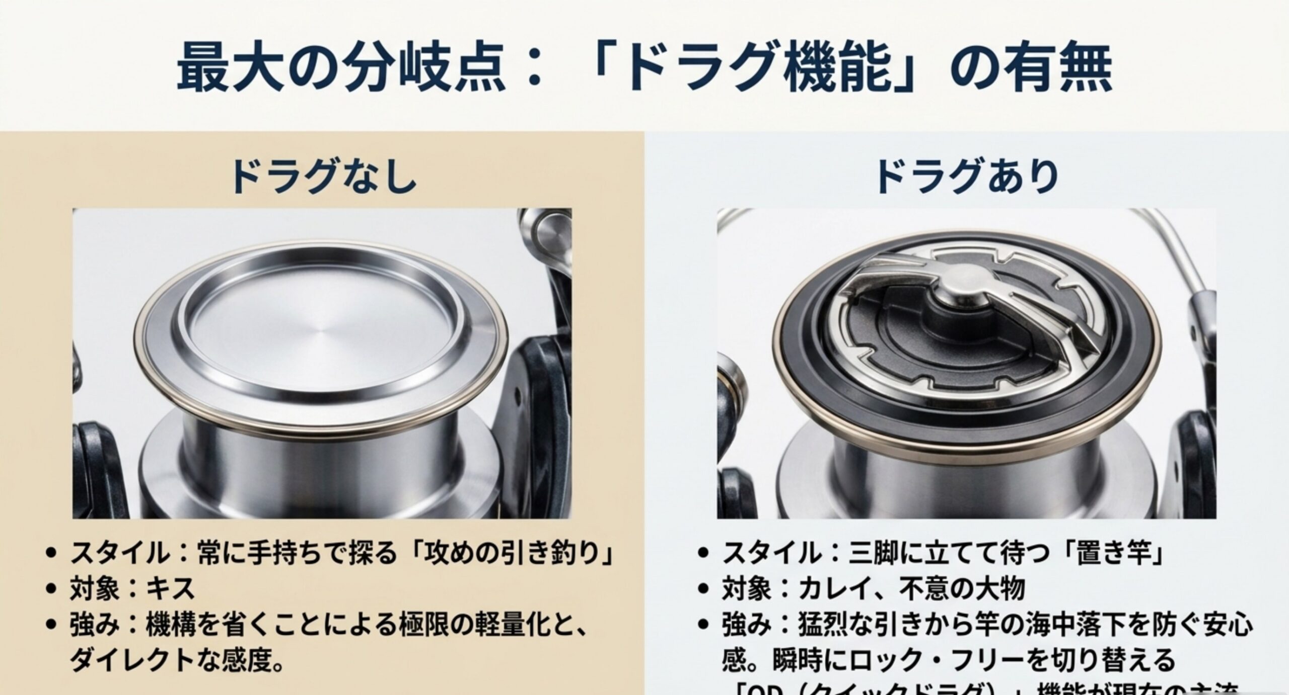 ドラグなしのスプールとドラグありのスプールについて、狙う釣りのスタイルと対象魚、それぞれの強みを比較したスライド