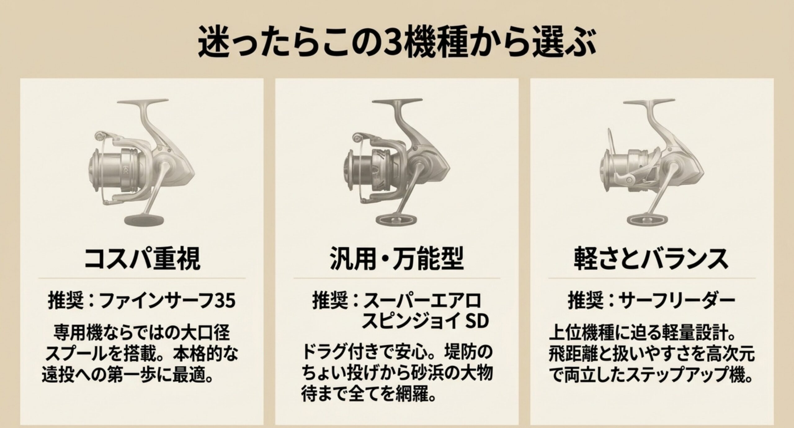 コスパ重視、汎用万能型、軽さとバランス重視という3つの方向性ごとに推奨する投げ釣りリールを並べたスライド