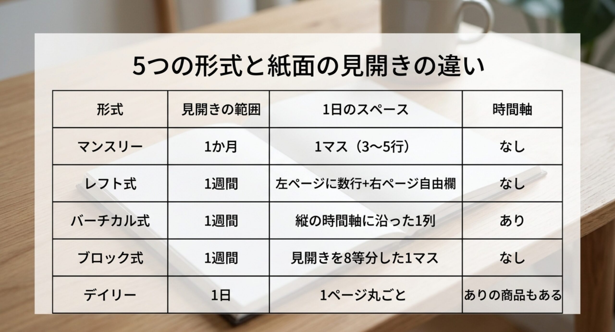 5つの形式について見開きの範囲、1日のスペース、時間軸の有無を並べた比較表のスライド