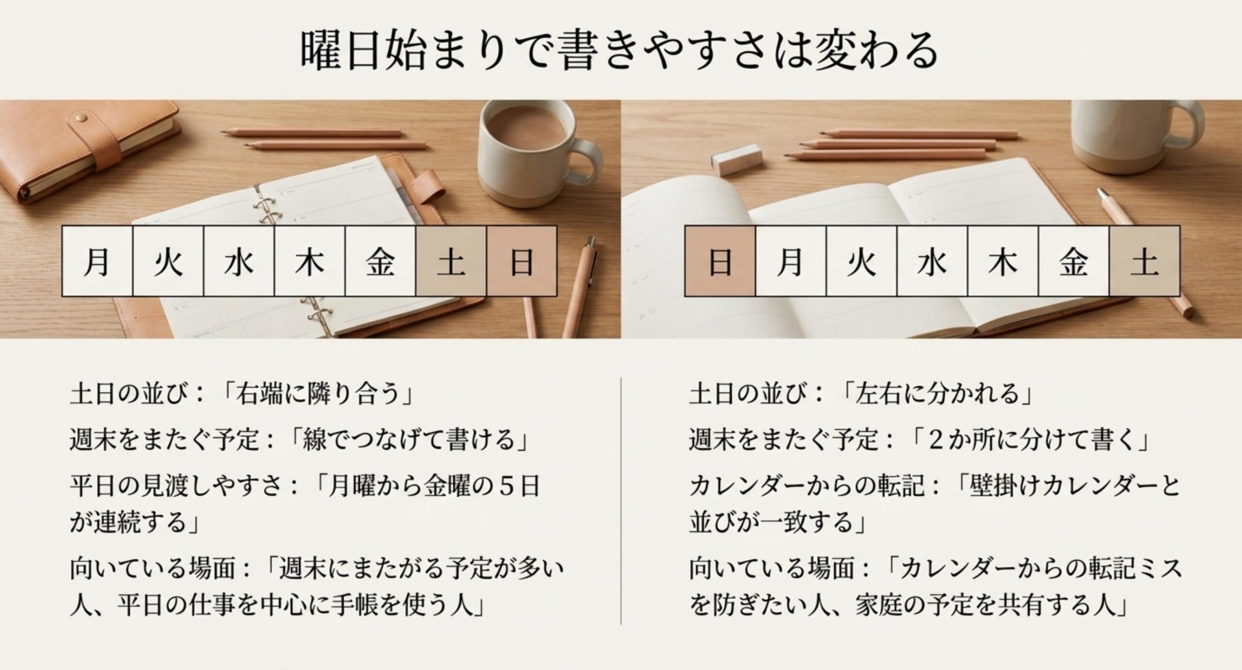 週間ページの曜日の並びを月曜始まりと日曜始まりで並べ、土日の位置・週末をまたぐ予定の書き方・転記のしやすさの違いを比較した図のスライド