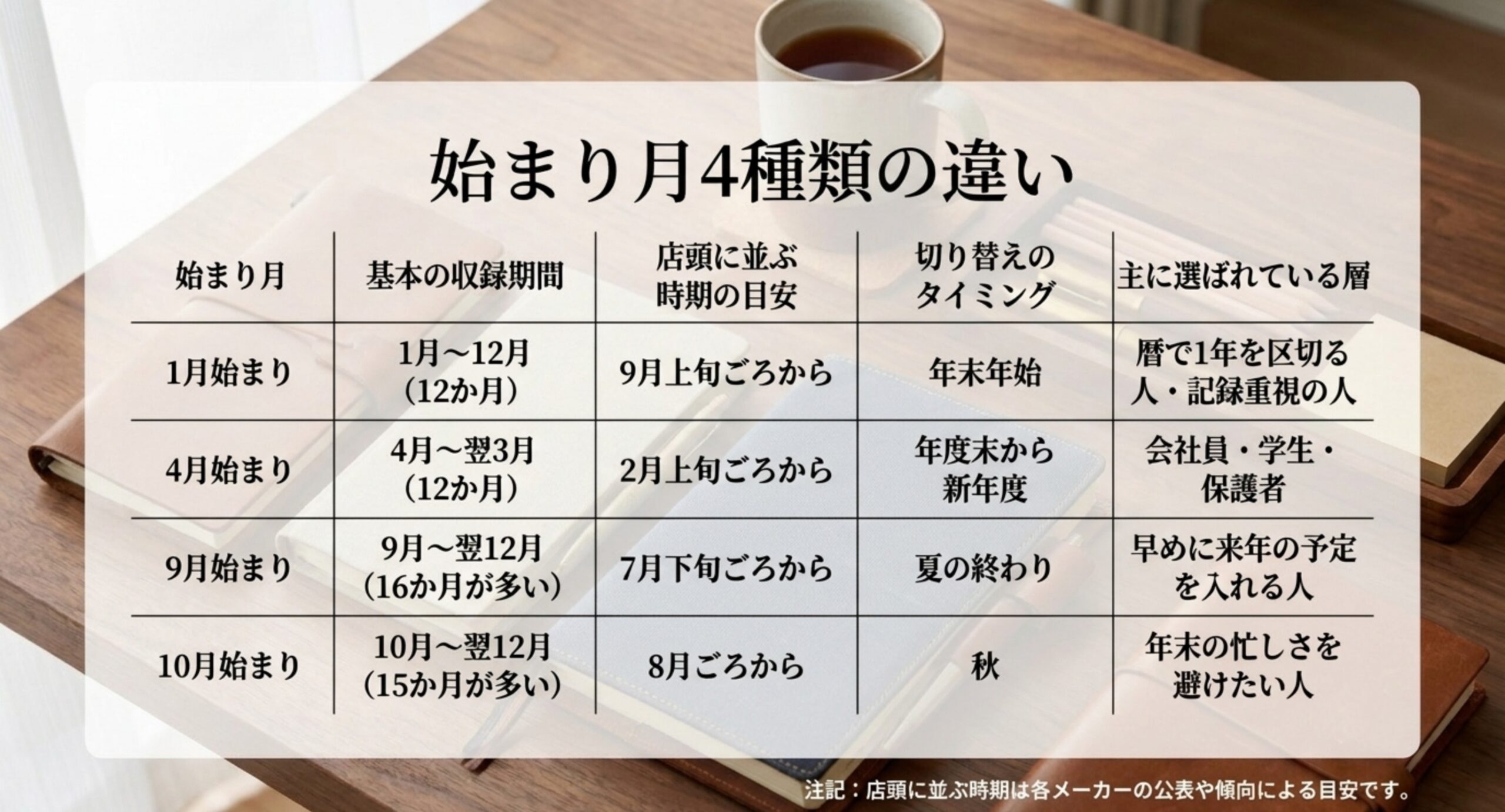 1月始まり・4月始まり・9月始まり・10月始まりの4種類について、基本の収録期間・店頭に並ぶ時期の目安・切り替えのタイミング・主に選ばれている層を並べた比較表のスライド