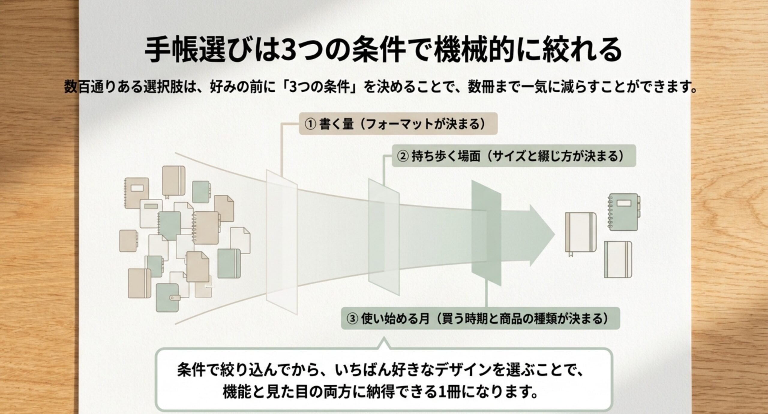 数百通りある手帳の選択肢を、書く量・持ち歩く場面・使い始める月の3条件で数冊まで絞り込む流れを表した図のスライド