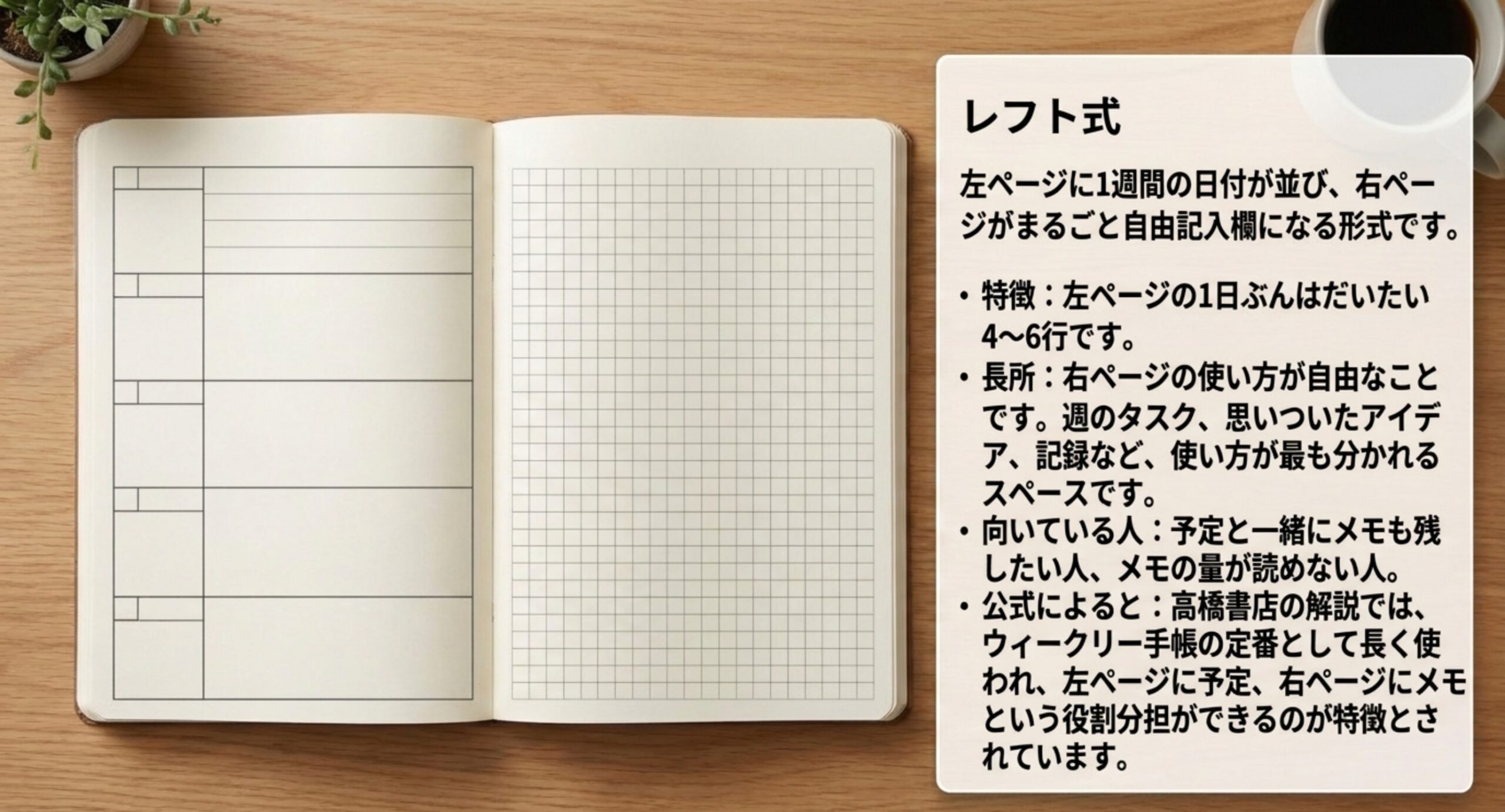 左ページに1週間の日付が縦に並び右ページが方眼の自由記入欄になった週間レフト式の見開き図と説明のスライド