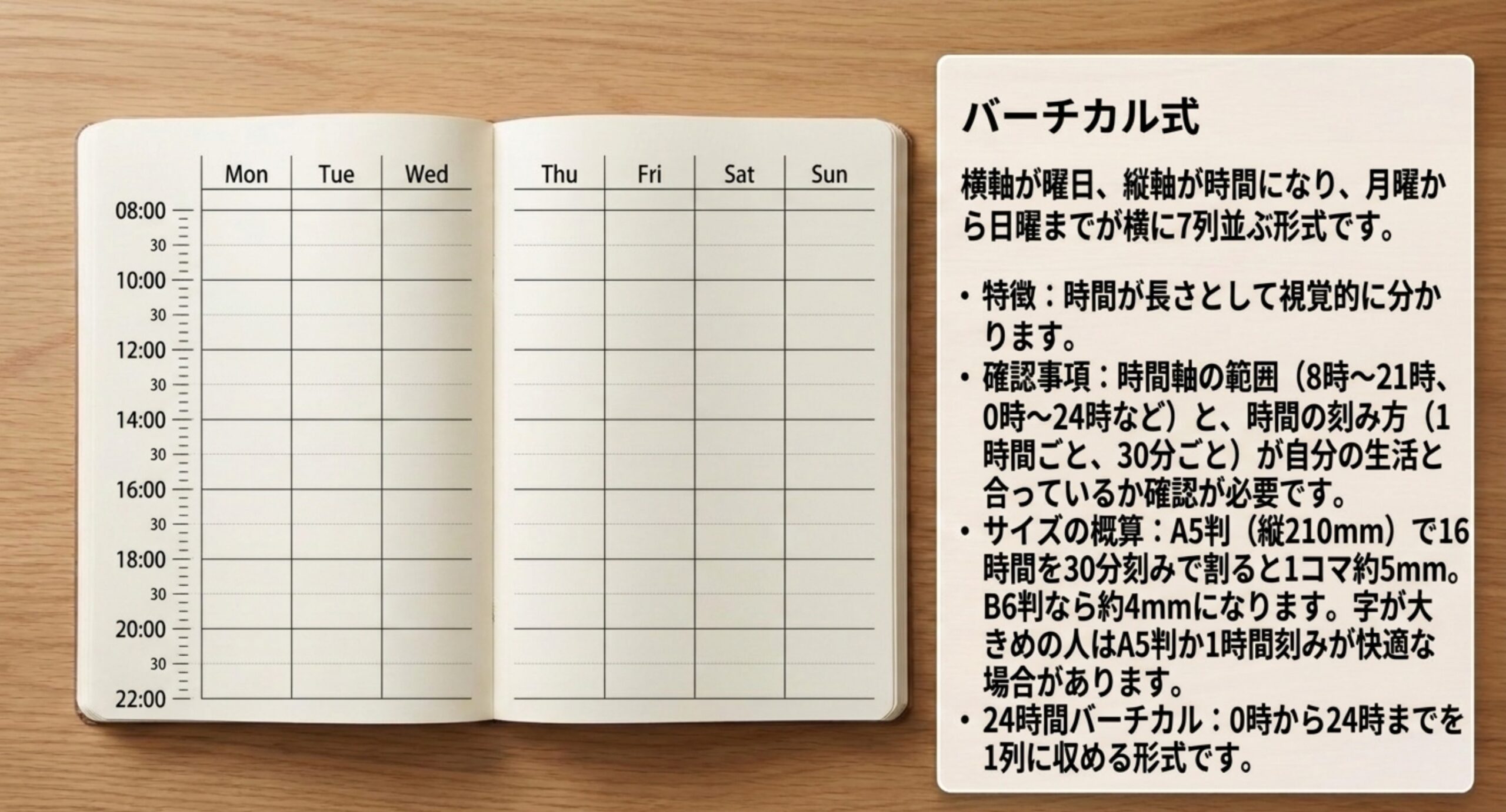 横軸が曜日、縦軸が8時から22時までの時間軸になった週間バーチカル式の見開き図と、時間軸の範囲や刻み幅の確認点を示したスライド