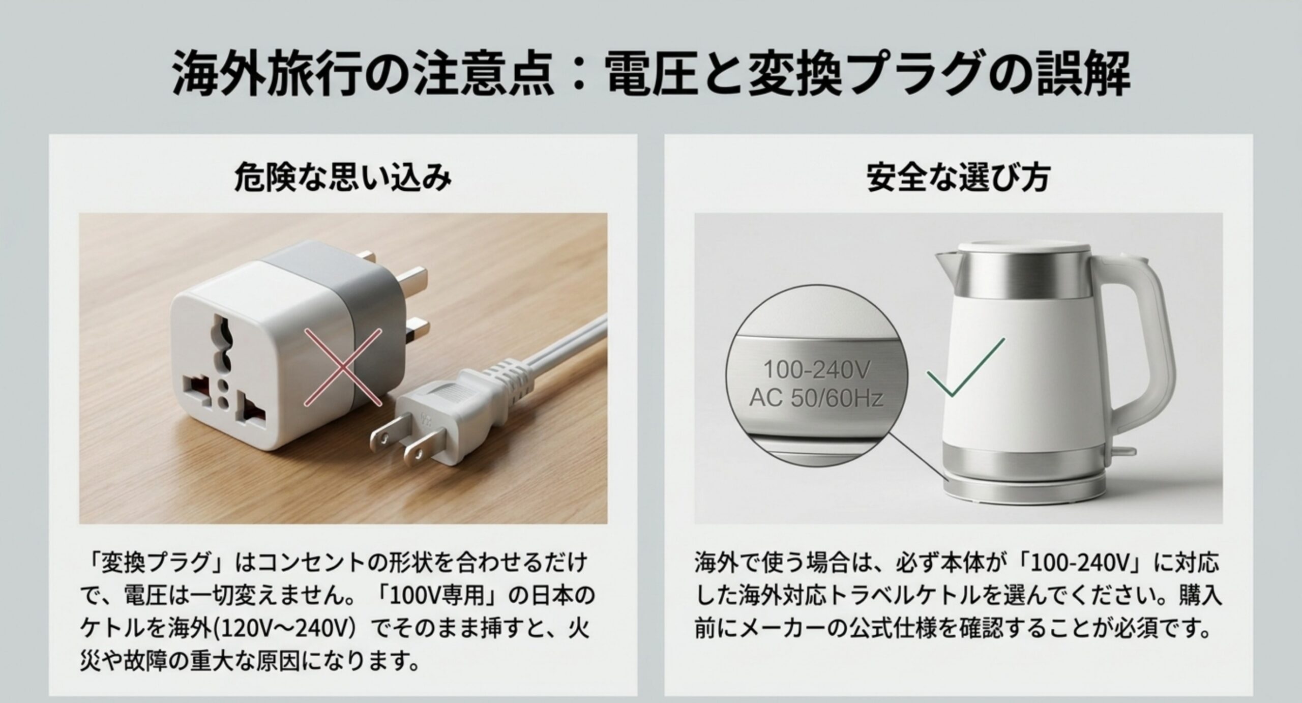 変換プラグは形状を合わせるだけで電圧は変わらないという危険な思い込みと、本体が100-240V対応か確認するという安全な選び方の対比