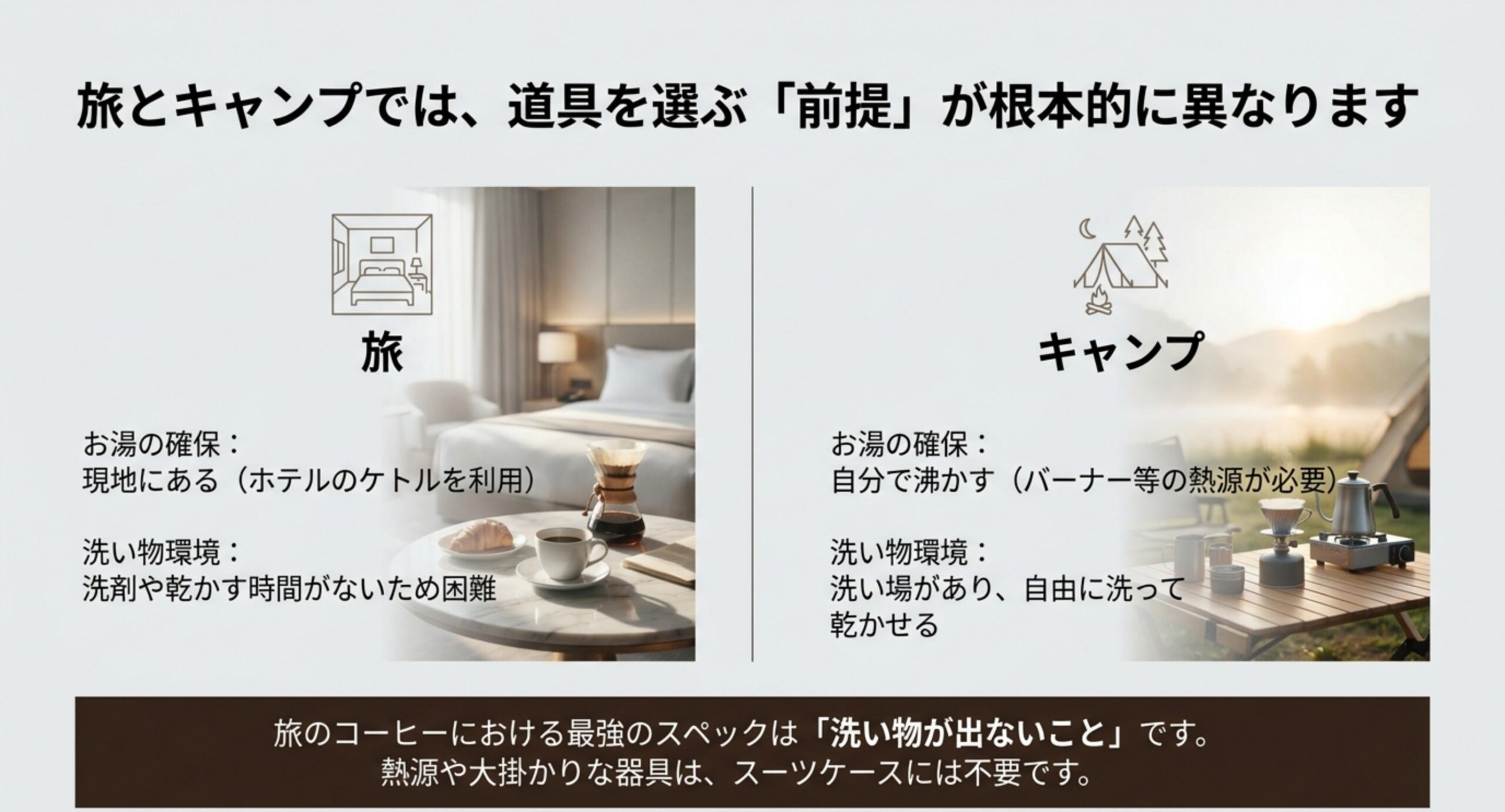 旅はお湯が現地にあり洗い物が困難、キャンプは自分で沸かし洗い場があるという前提の違いを左右に並べて比較した図