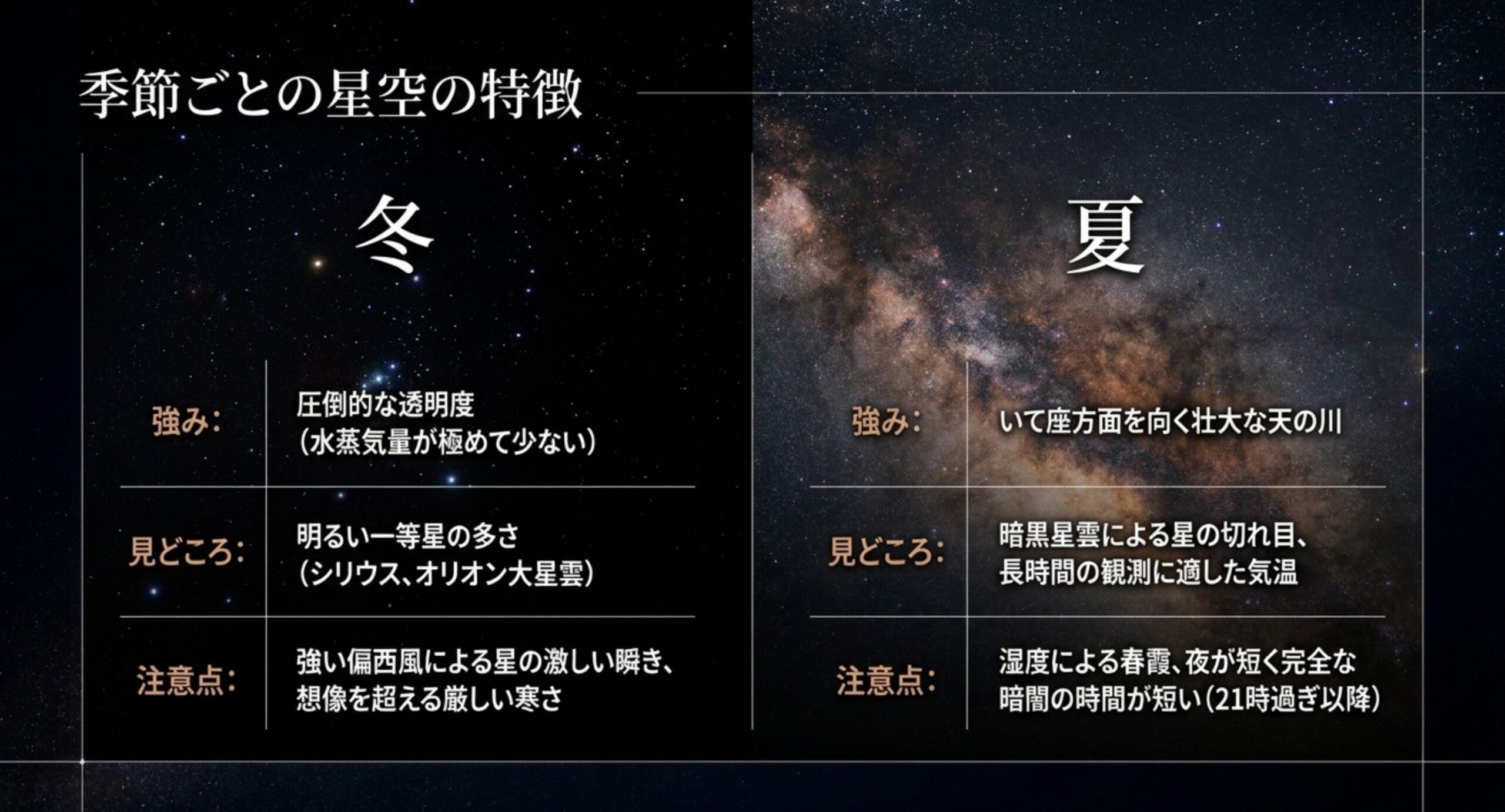 冬の空気の透明度と夏の天の川それぞれの強み・見どころ・注意点を左右に並べて比較したスライド